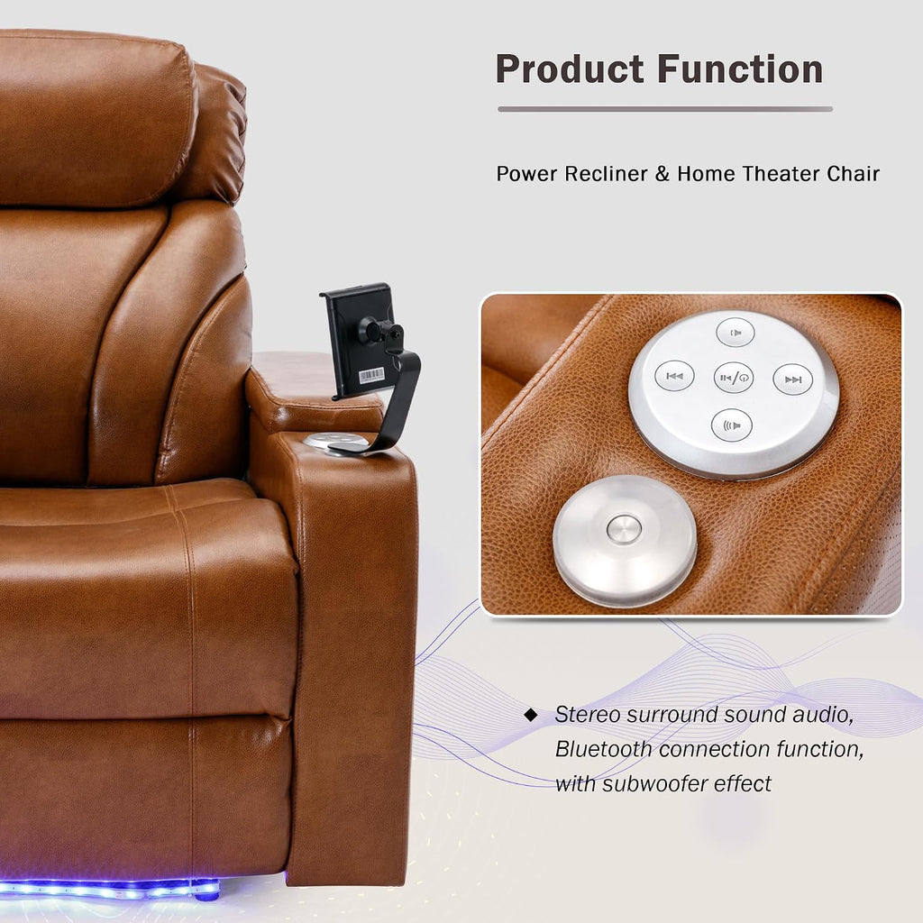 JIVOIT Power Motion Recliner Electric Power Recliner with Hidden Arm Storage, Cup Holder, Phone Holder, Tray Table, Faux Leather Rocker Chair for Small Spaces (Light Brown/78)