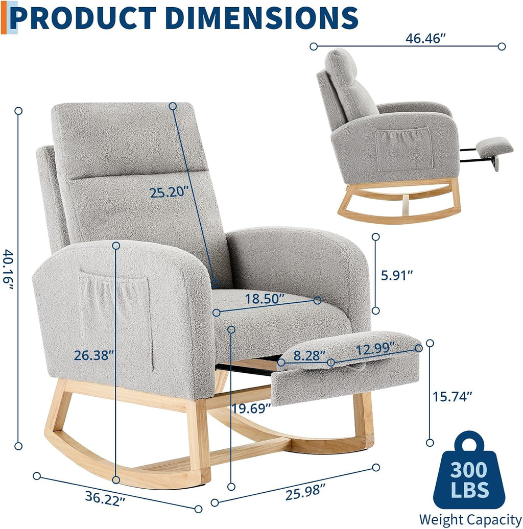 Modern Nursery Rocking Chair, Teddy Upholstered Rocking Chair with Footrest, Comfortable Rocker Recliner with Side Pocket, Rocker Glider for Living Room, Bedroom, Nursing Room