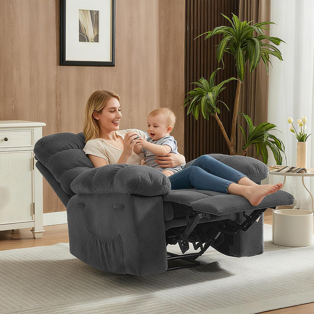 Oversized Rocker Recliner Chair for Adult, Ergonomic NurseryRock Recliner Chairs,Extra Wide Manual Recliners,Upholstery Overstuffed Soft Rocking Sofa Chair for Livingroom,Gray