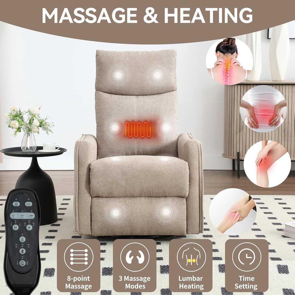 PELUMY 360 Swivel Rocking Recliner Chair for Adults, Nursery Rocking Chair with Heat and Massage, Glider Reclining Chair for Small Space, Living Room, Bedroom (Khaki)