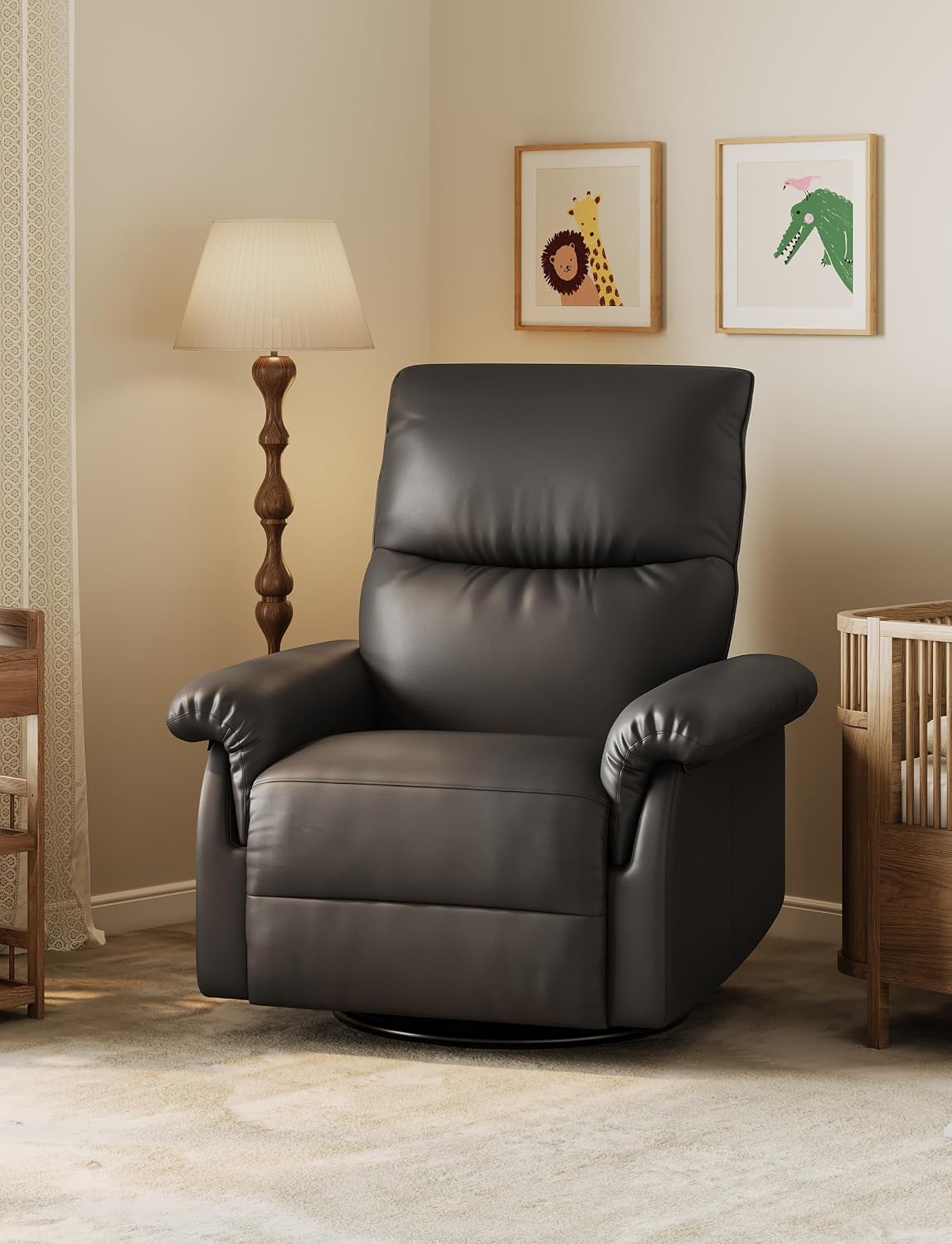 GAOMON Swivel Rocking Recliner Chair, Manual Leather Recliner Glider with Lumbar Support & Padded Armrest, Comfortable Rocker Nursery Single Sofa for Living Room and Bedroom (Black)