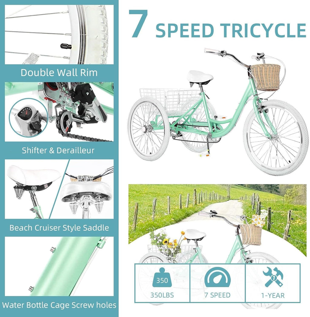 Adult Tricycles for Adults, 7 Speed Adult Trikes, 20/24/26 inch 3 Wheel Bike with Basket, Three-Wheeled Cruiser Bicycles for Women and Men, Without Fenders
