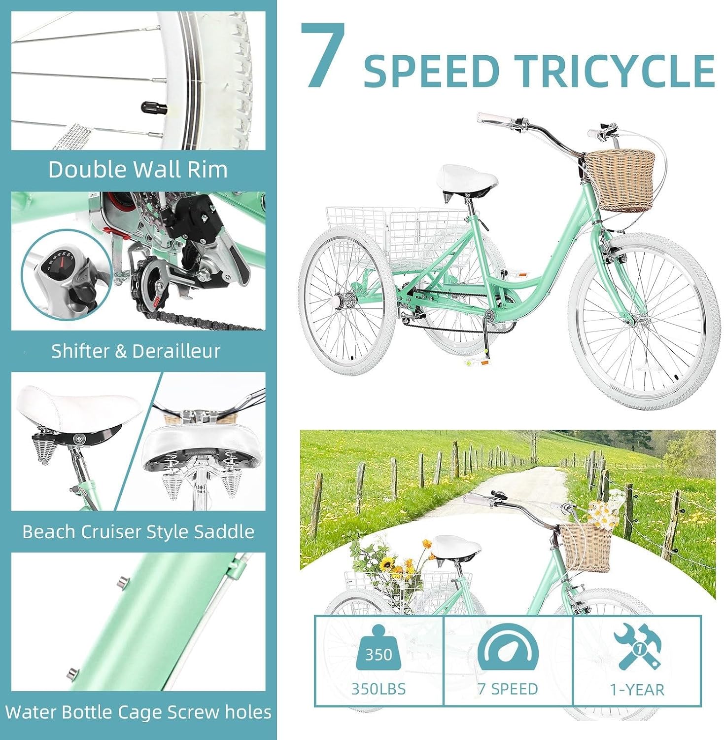 Adult Tricycles for Adults, 7 Speed Adult Trikes, 20/24/26 inch 3 Wheel Bike with Basket, Three-Wheeled Cruiser Bicycles for Women and Men, Without Fenders