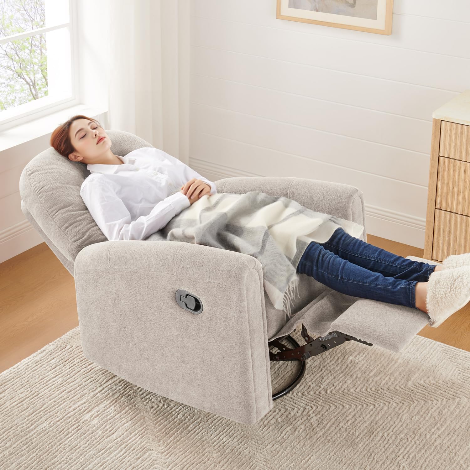 VANOMi 360 Swivel Rocker Recliner Chair, Nursery Rocking Chair with Tufted Backrest, Manual Recliner Chairs for Small Spaces, Upholstered Glider Nursing Chair for Living Room, Bedroom (Camel)