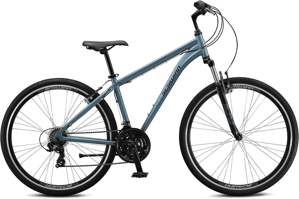 Schwinn Network 3.5 Hybrid Bike, Mens and Womens Bike, 21-Speed Hybrid Bicycle, Aluminum Frame, Suspension Seat, Alloy Linear Pull Brakes, Adult Bicycle
