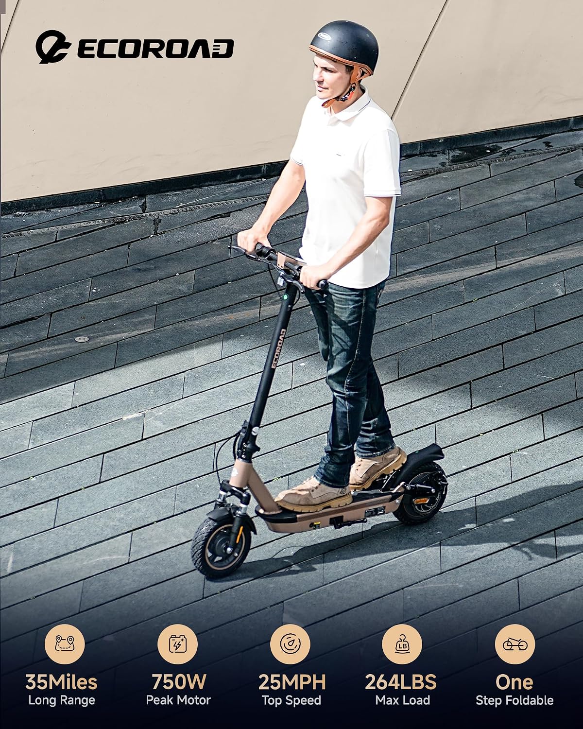ECOROAD EC10 Electric Scooter for Adults, 750W Motor & 25 MPH & 32 Miles Long Range, 10' Tires with Dual Suspension, Foldable Commuting E Scooter with App Control