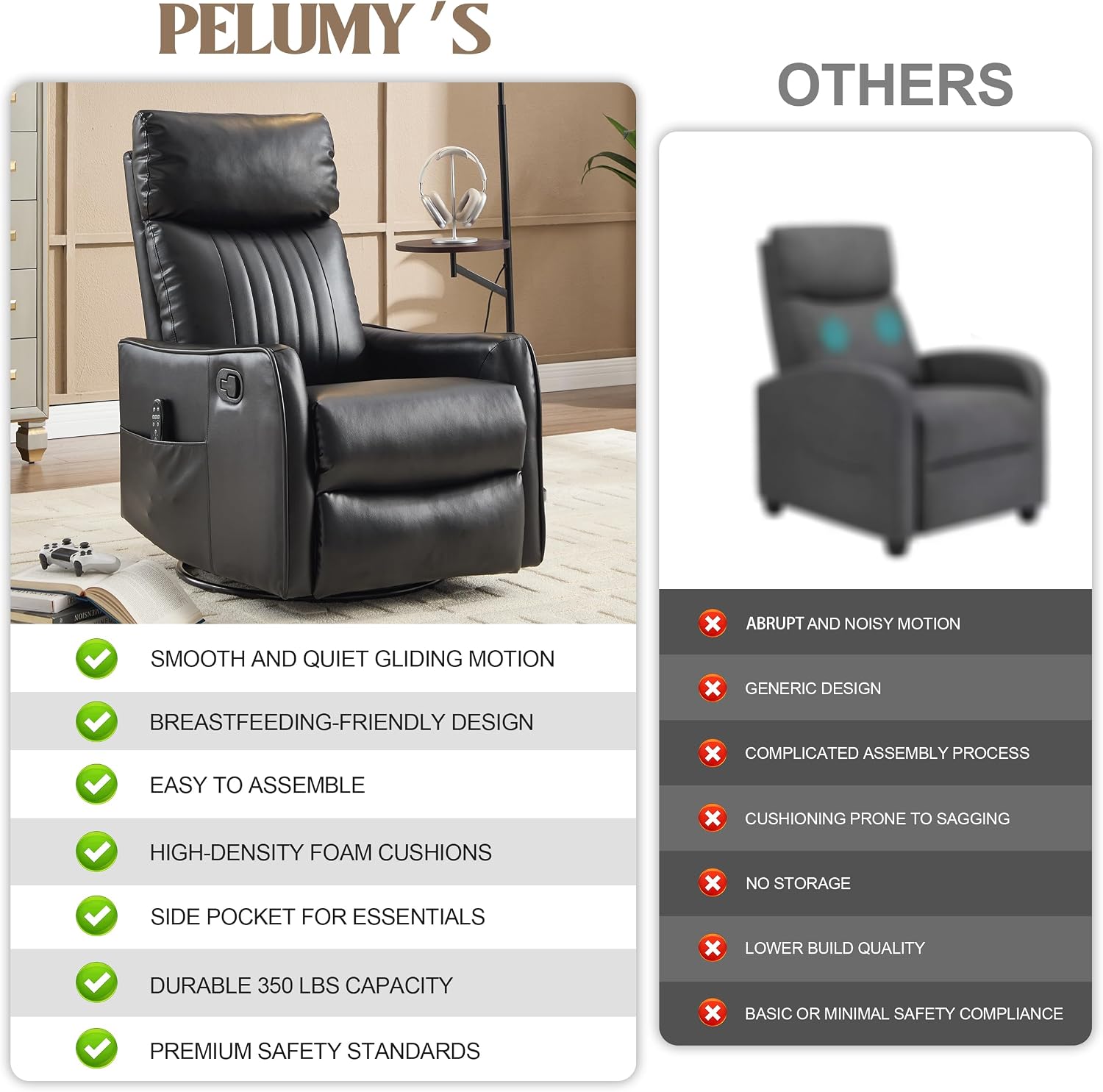 PELUMY 360 Swivel Rocking Recliner Chair for Adults, Nursery Rocking Chair with Heat and Massage, Glider Reclining Chair for Small Space, Living Room, Bedroom, Black, Multiple Line Backrest, Fabric