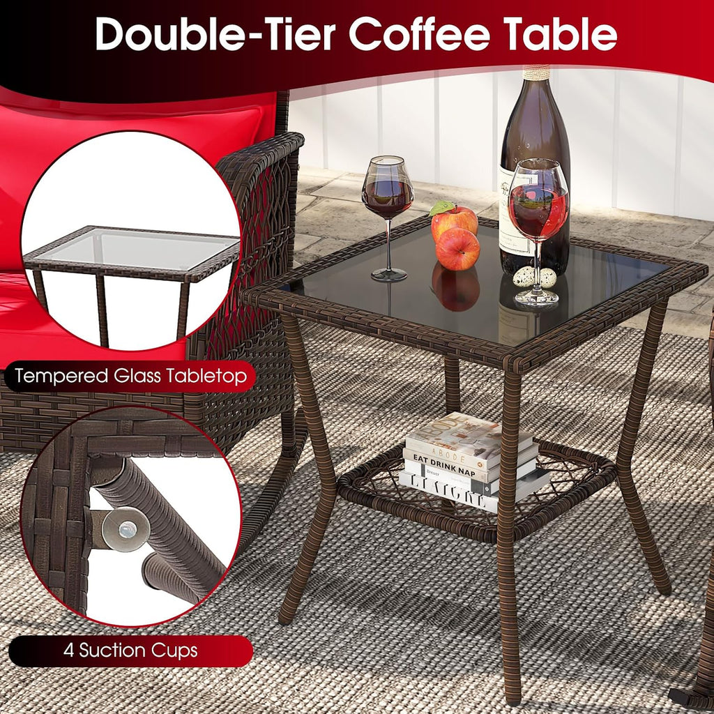 Tangkula 3 Piece Patio Rocker Set, Patiojoy Outdoor Wicker Rocking Chairs w/Double-Layer Coffee Table, Rattan Rocker Chair Set w/Seat Back Cushions & Pillows, for Porch, Backyard, Poolside (Red)