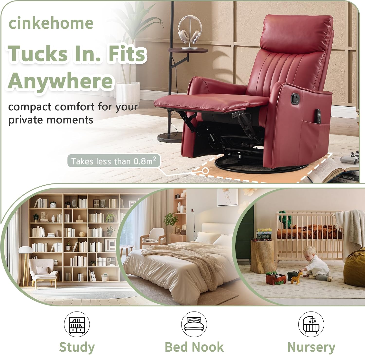cinkehome Heated Massage Swivel Rocker Recliner Chair for Nursery - Small Space Reclining Chair with Lumbar Support, 360° Swivel & Gentle Rocking, Ergonomic High Back Faux Leather Red