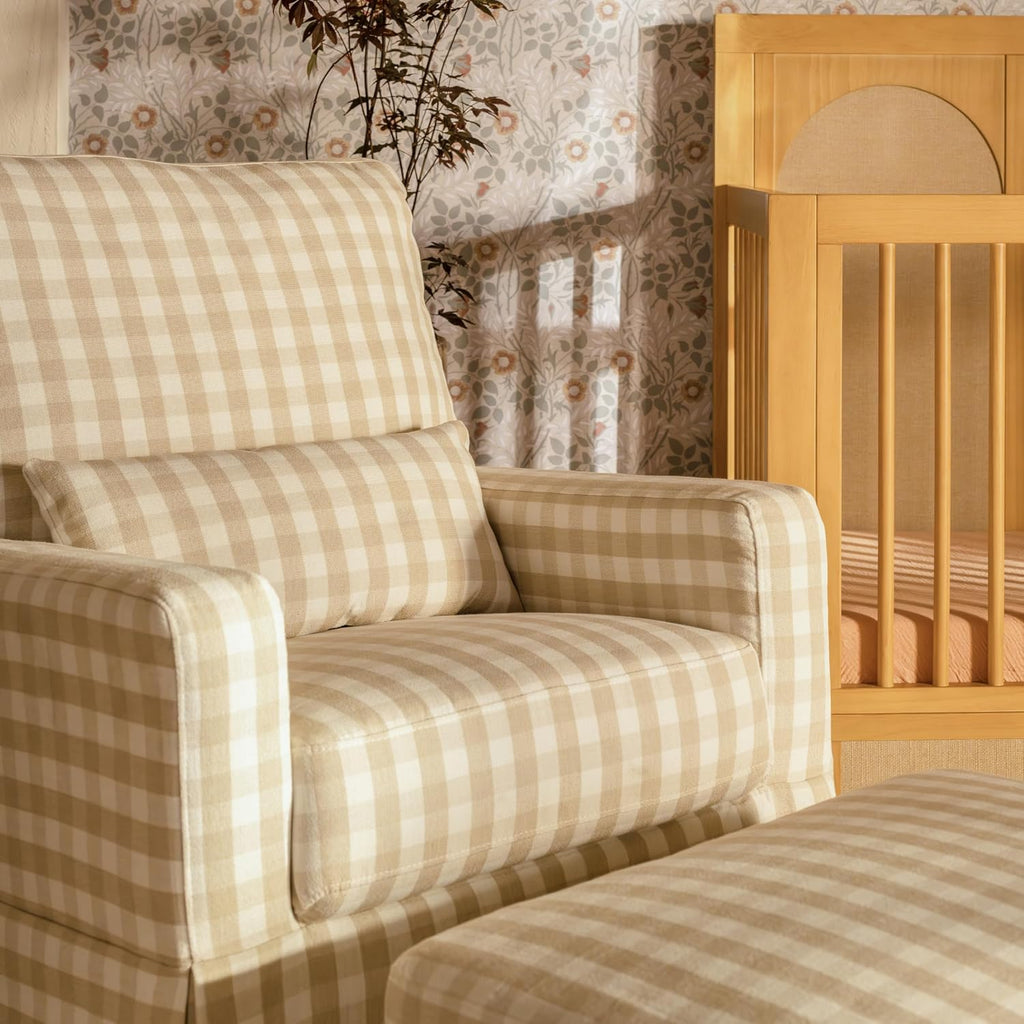 Namesake Crawford Pillowback Comfort Swivel Glider in Tan Gingham, Water Repellent & Stain Resistant, Greenguard Gold & CertiPUR-US Certified