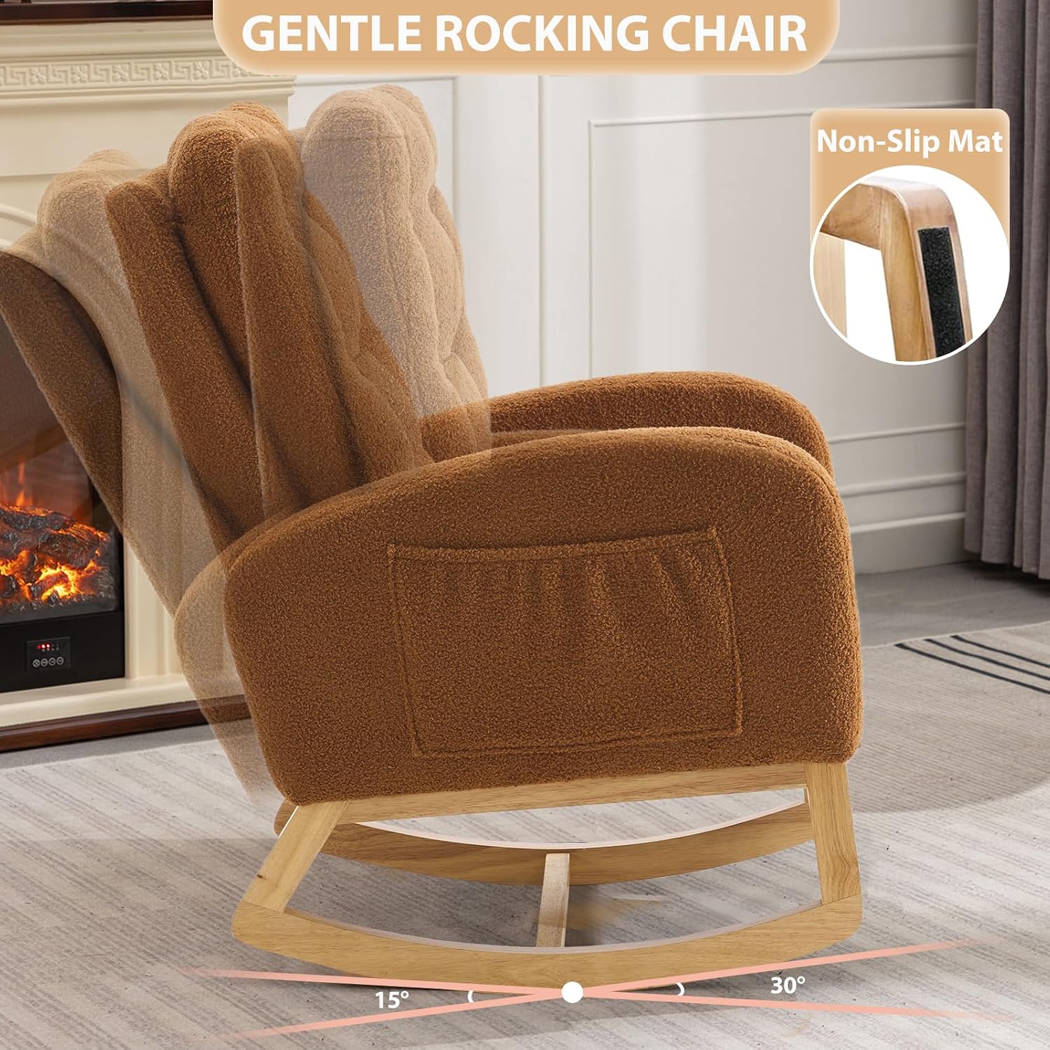cinkehome Nursery Rocking Chair with Retractable Foot Rest, Teddy Glider Rocking Chair, Mid Century Rocker Chair, High Back, Solid Wood Legs