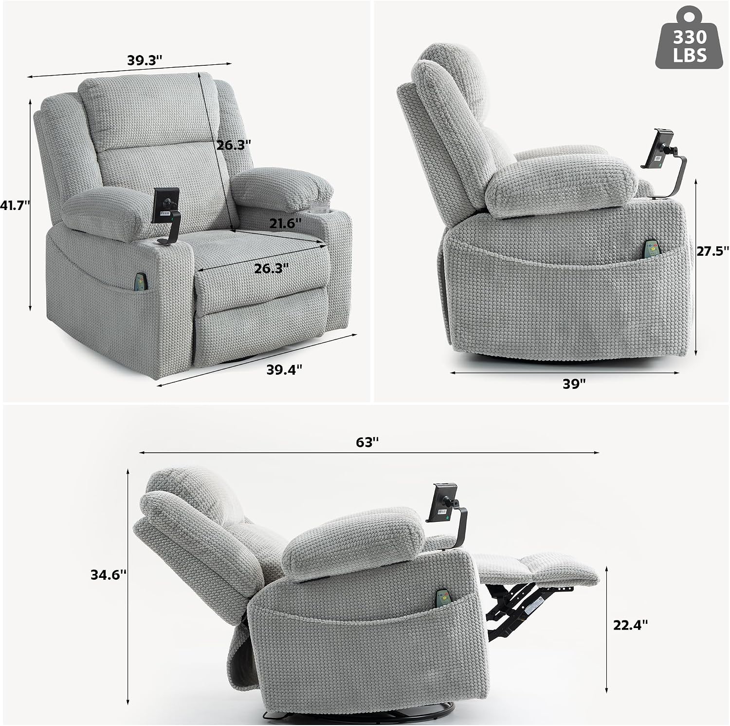SINCRUMI Power Oversized Swivel Rocker Recliner with Dual Motor Adjustable Headrest for Adults, Glider Rocking Chair with Vibration and Heat, USB A&C Ports, Armrest Storage, Cup Holder, Light Grey
