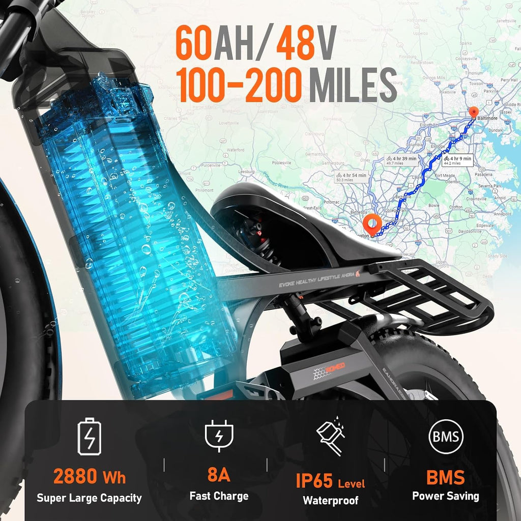 Eahora Romeo Pro/Romeo 2/Romeo Ultra 34-43Mph 1600-3000W Electric Bike for Adults 48-60V 60-70Ah 200Miles Long Range, 20*4.5/26*4.0' Fat Tire Full Suspension, All Terrain, Hydraulic Brake, APP Control