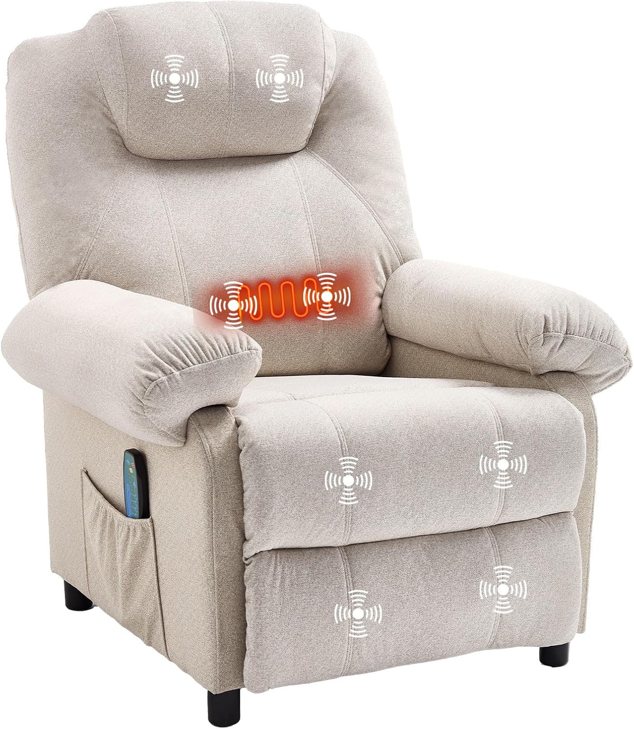 Overstuffed Push Back Recliner Chair for Living Room, Mid Century Fabric Heated Massaging Reclining Chair Small Manual Recliner Chair with Heat and Massage, White