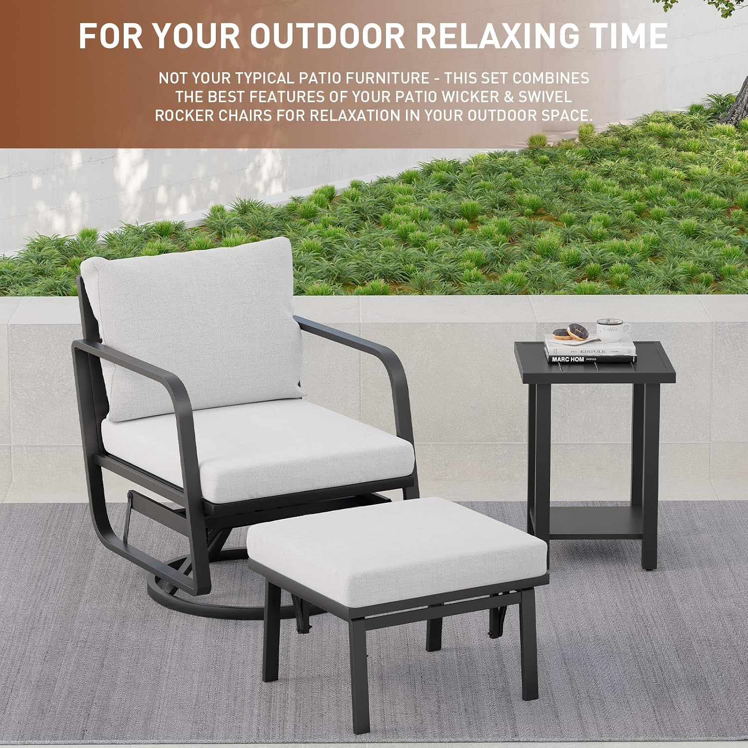 Patio Glider Swivel Rocker Chair: 1pcs Aluminum Alloy Ensemble 360° Swivel Rocking Glider Chair, Rust-Resistant Frame Cushions -Perfect for Backyard, Deck, Porch, Balcony (1 Glider Chair& 1 Ottoman)