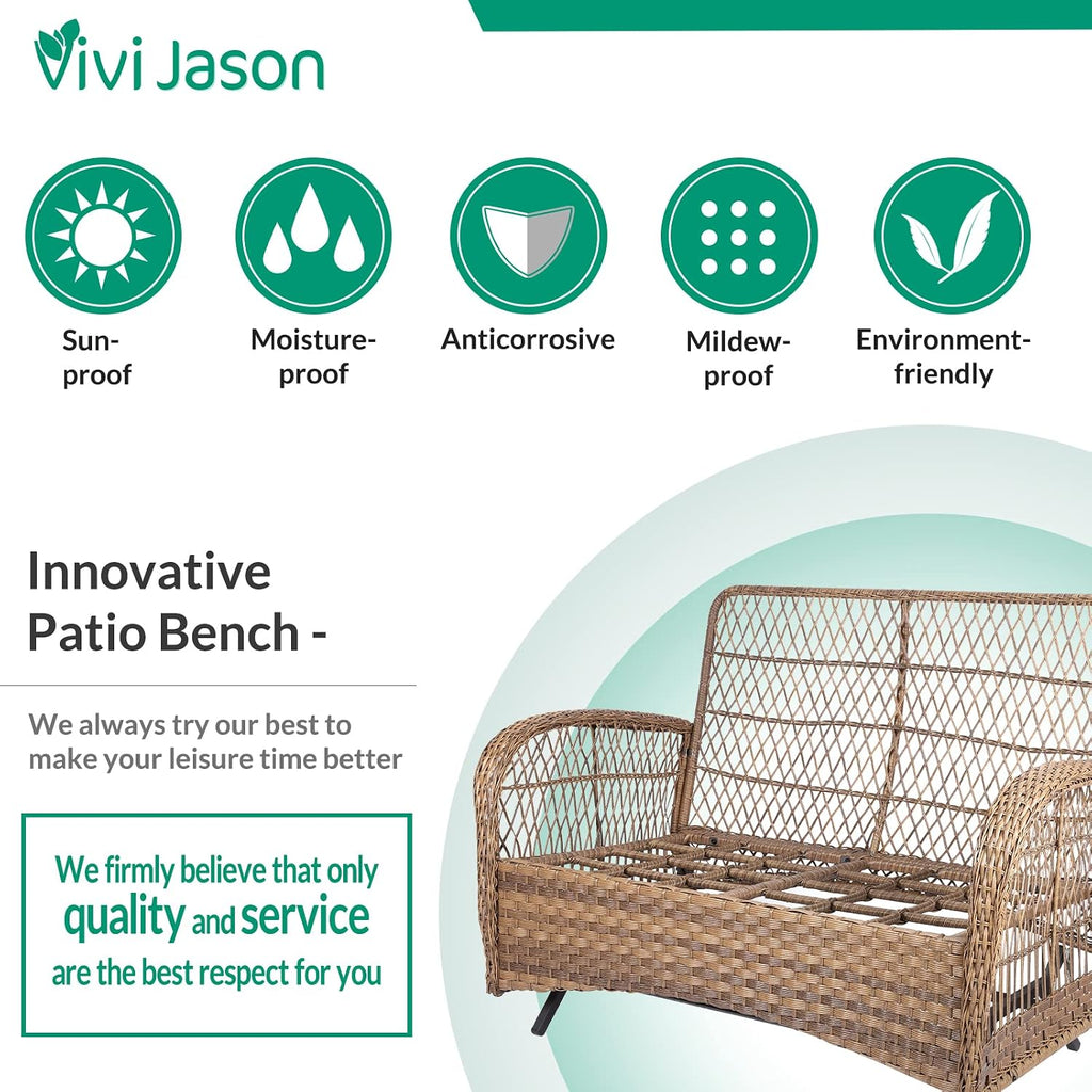 VIVIJASON 4-Piece Outdoor Patio Wicker Conversation Sets, All Weather Outdoor Rattan Furniture Set Includes Glider Loveseat, Coffee Table, 2 Rocking Chairs with Cushions for Backyard, Light Brown