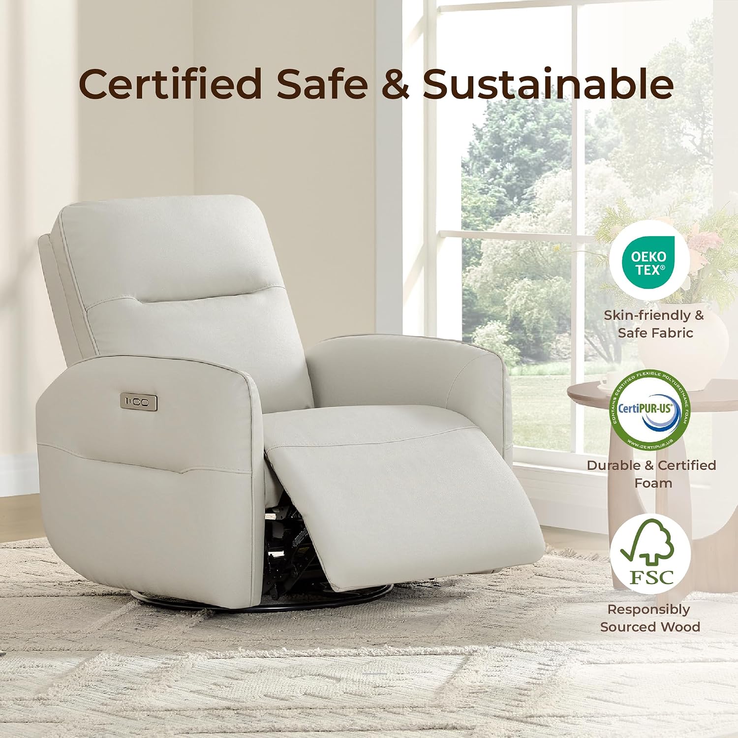 CHITA Faux Leather Power Recliner Chair, Swivel Glider Recliner for Adults, Nursery Rocking Chair with USB & Type-C Charging for Living Room, Bedroom, Creamy Grey