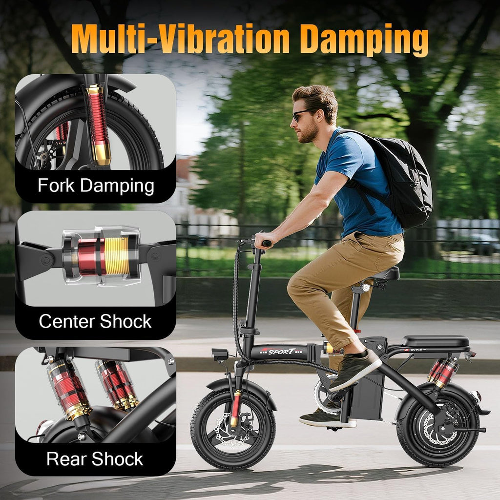 AZHAR Foldable Electric Bike for Adults Teens, 1200W Peak Motor, Up to 25 MPH, 45 Miles PAS Range, Dual Suspension, 14' Tires, 3-Speed Modes, Compact & Portable Electric Mini Bike, Commuting Ebike