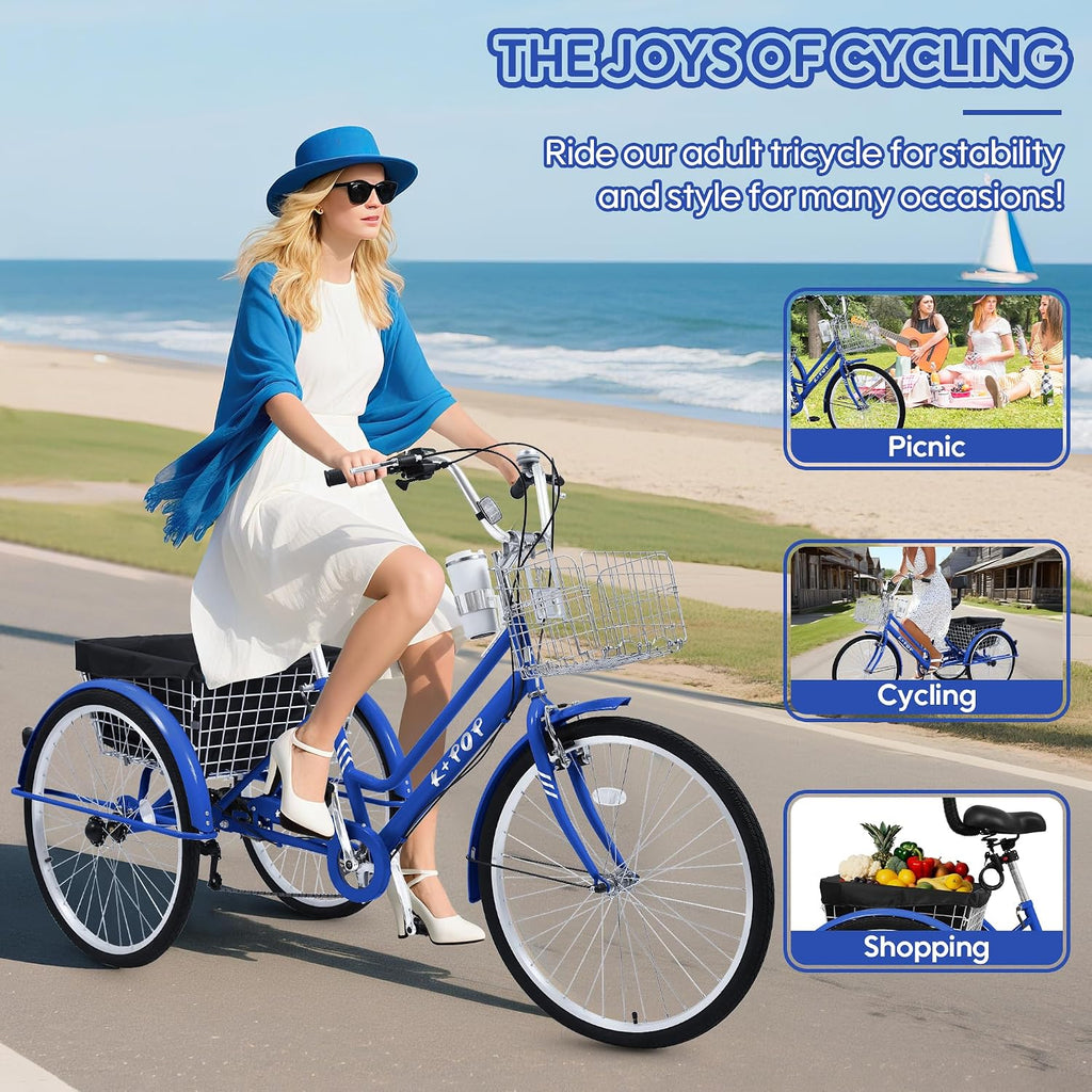 24/26 Inch Tricycle for Adults, 7 Speed Beach Cruiser Bike Adult Tricycles for Women Men, 3 Wheel Bikes for Adults Large Seat with Backrest, Three Wheel Bikes with Front & Rear Baskets
