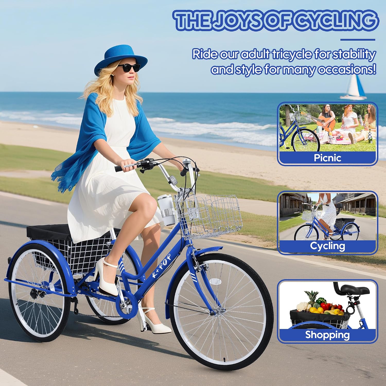24/26 Inch Tricycle for Adults, 7 Speed Beach Cruiser Bike Adult Tricycles for Women Men, 3 Wheel Bikes for Adults Large Seat with Backrest, Three Wheel Bikes with Front & Rear Baskets
