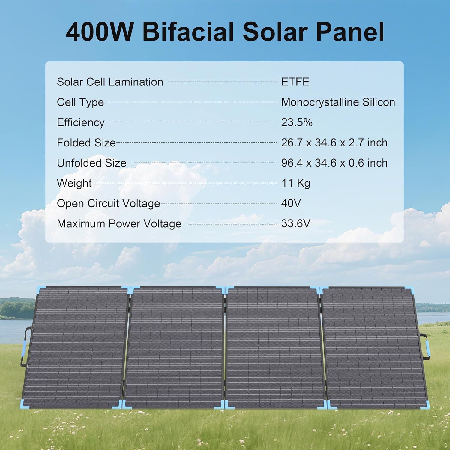 400W Bifacial Portable Solar Panel for Power Station, 23.5% High Efficiency ETFE Foldable Solar Charger for Camping Essentials,IP68 Waterproof 3 Reinforced Kickstands for RV Off-Grid Blackouts