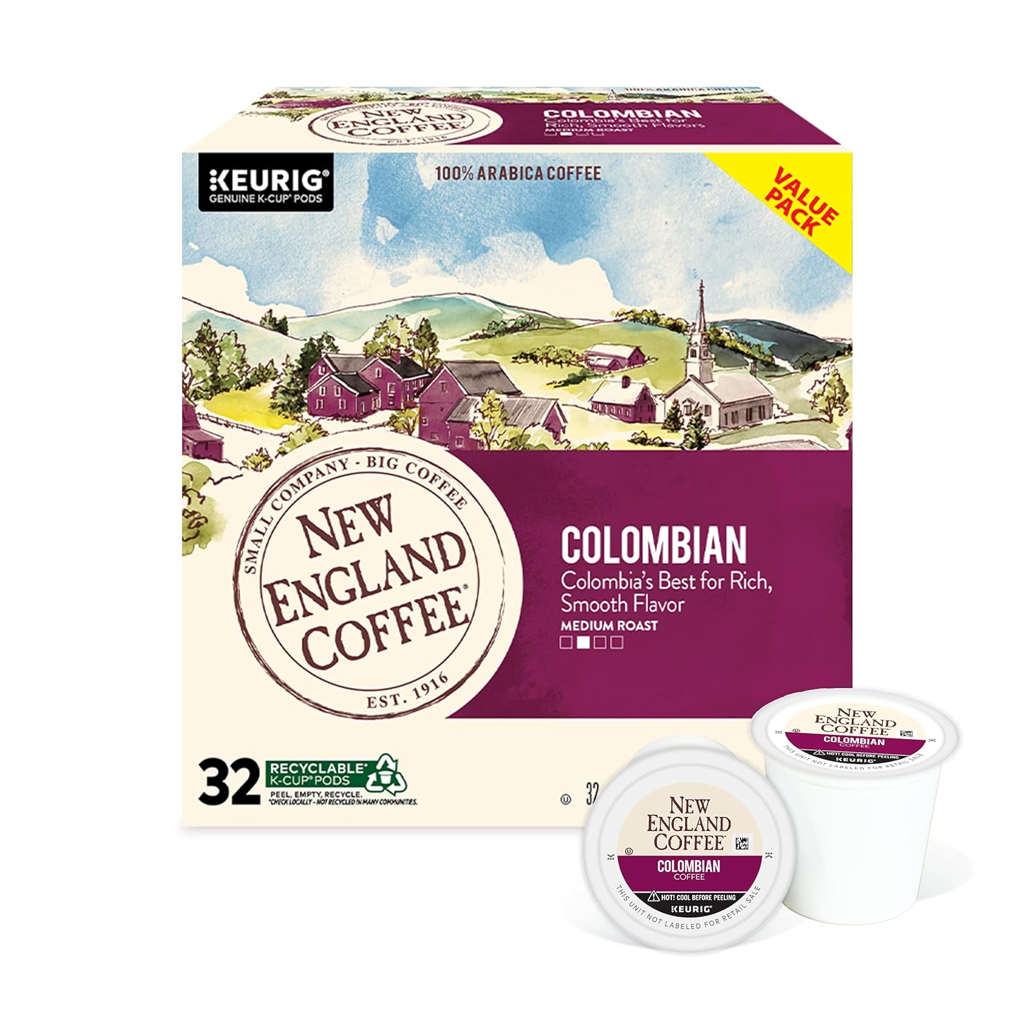 New England Coffee Colombian Supremo Medium Roast Single Serve Pods, 32ct Box (Pack of 4)