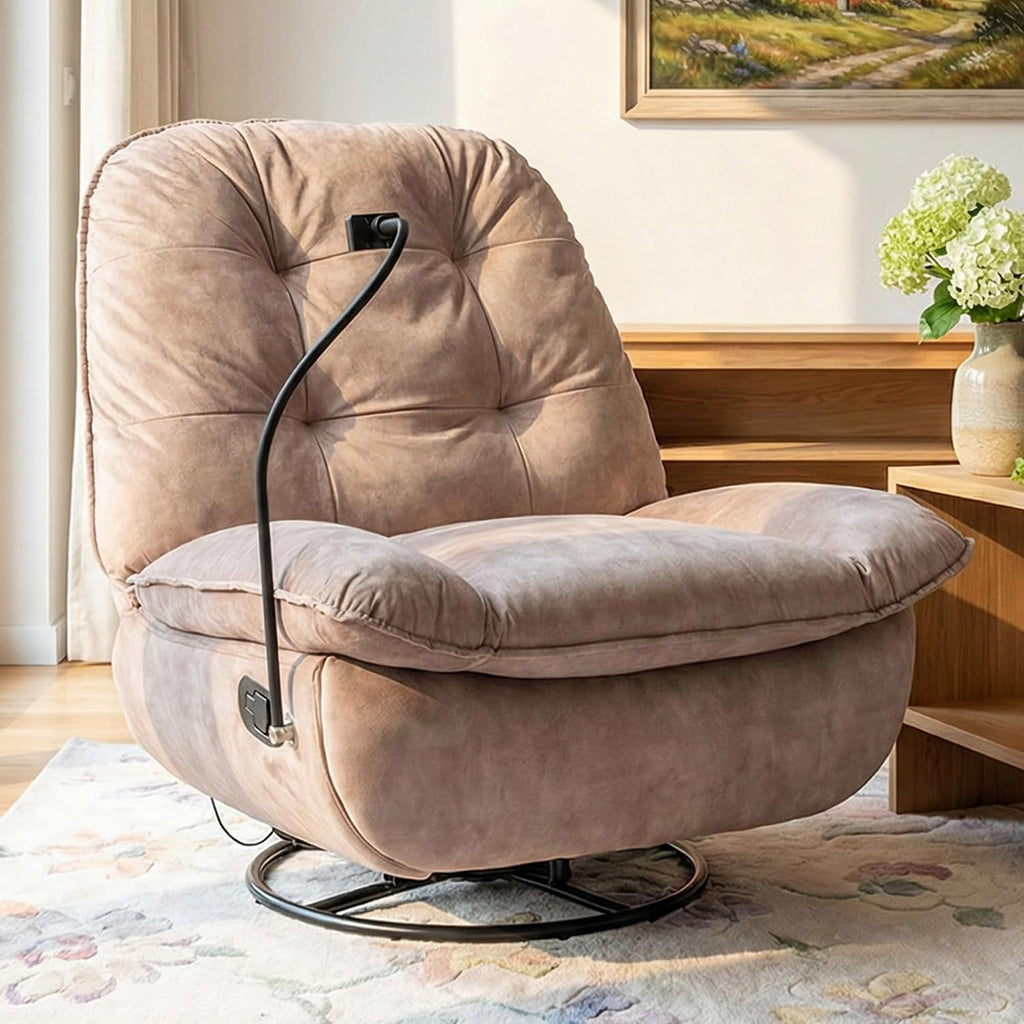 Swivel Rocker Recliner Chair for Adult, Glider Nursery Rocking Chair, Armless Manual Single Recliner Sofa for Living Room, Oversized & Overstuffed, Phone Holder Included, Light Brown Velvet