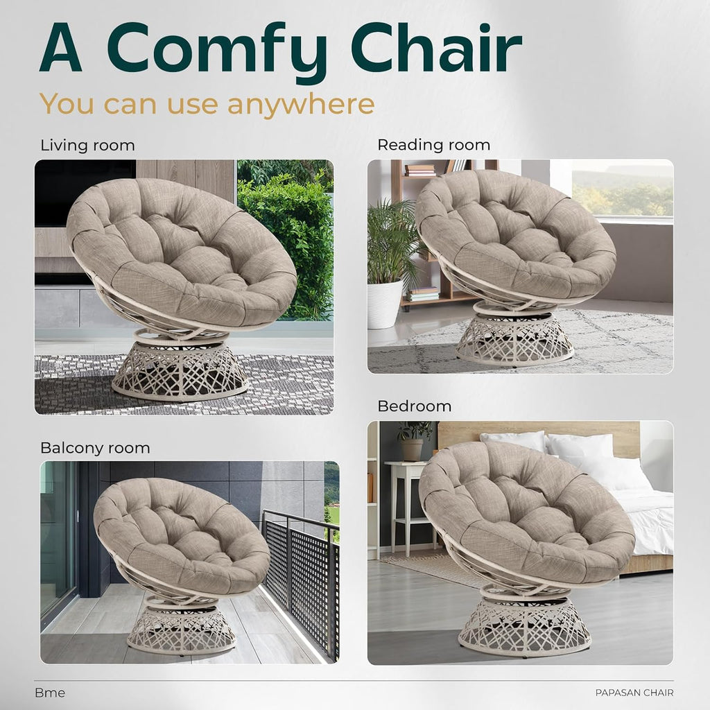 Bme 40' Ergonomic Wicker Papasan Chair with Soft Thick Density Fabric Cushion, High Capacity Steel Frame, 360 Degree Swivel for Living, Bedroom, Reading Room, Lounge