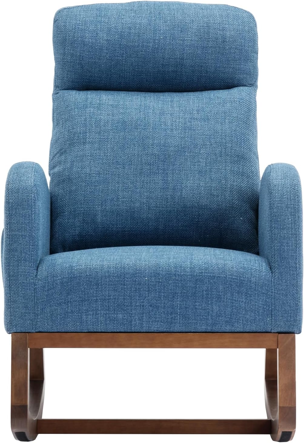 Modern Rocking Chair with Breathable Yellow Linen & Solid Wood Legs - Recliner Glider Armchair Featuring Side Pocket, High Back Support for Nursery, Living Room, Bedroom (Blue)