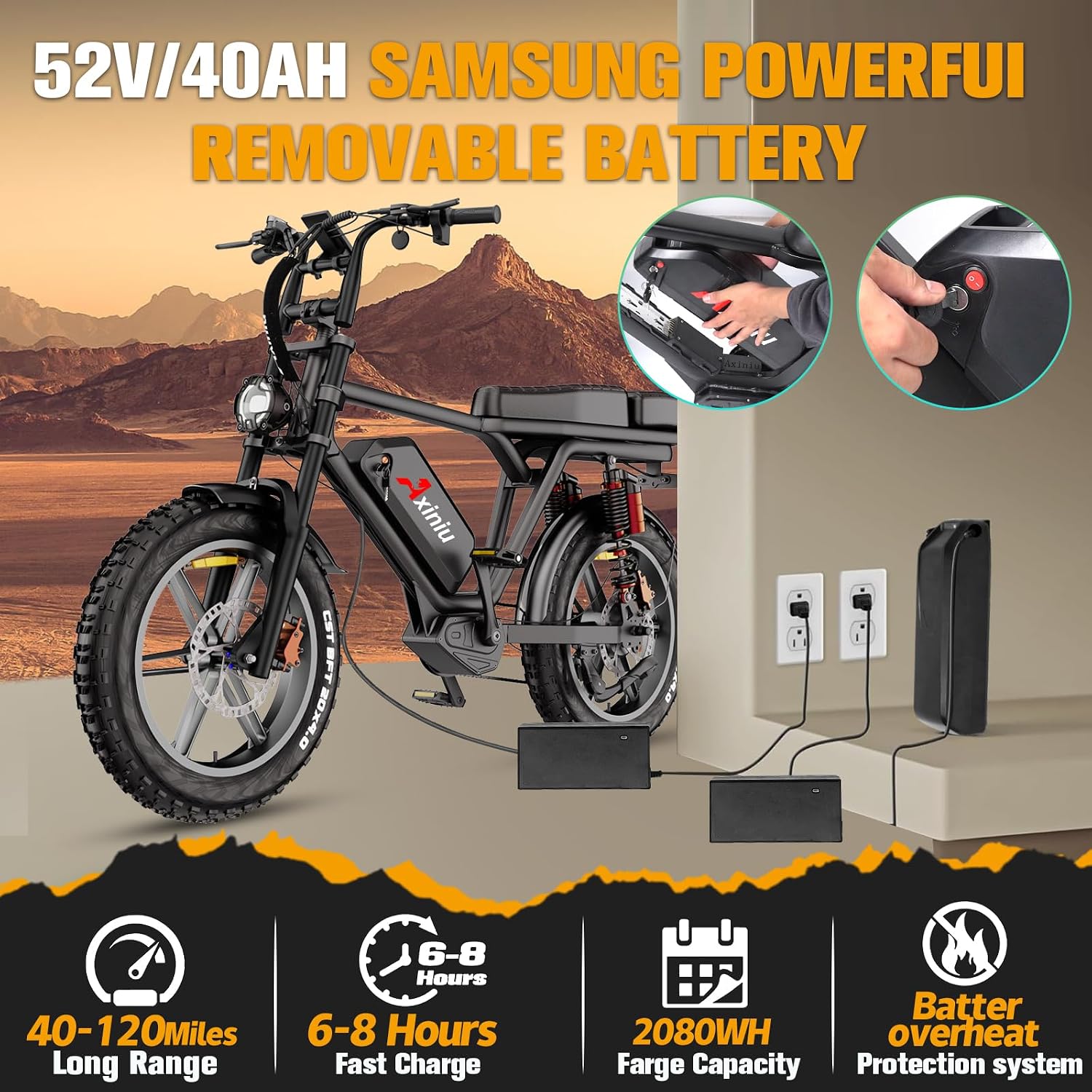 Electric Bike for Adults, 52V 40Ah Battery Peak 2000W Motor 35MPH, 50-180 Miles, 20' Fat Tire Dirt Bicycle Dual Suspension All Terrain Motorcycle, Moped Style Ebike for Mountains Snow Sand Road