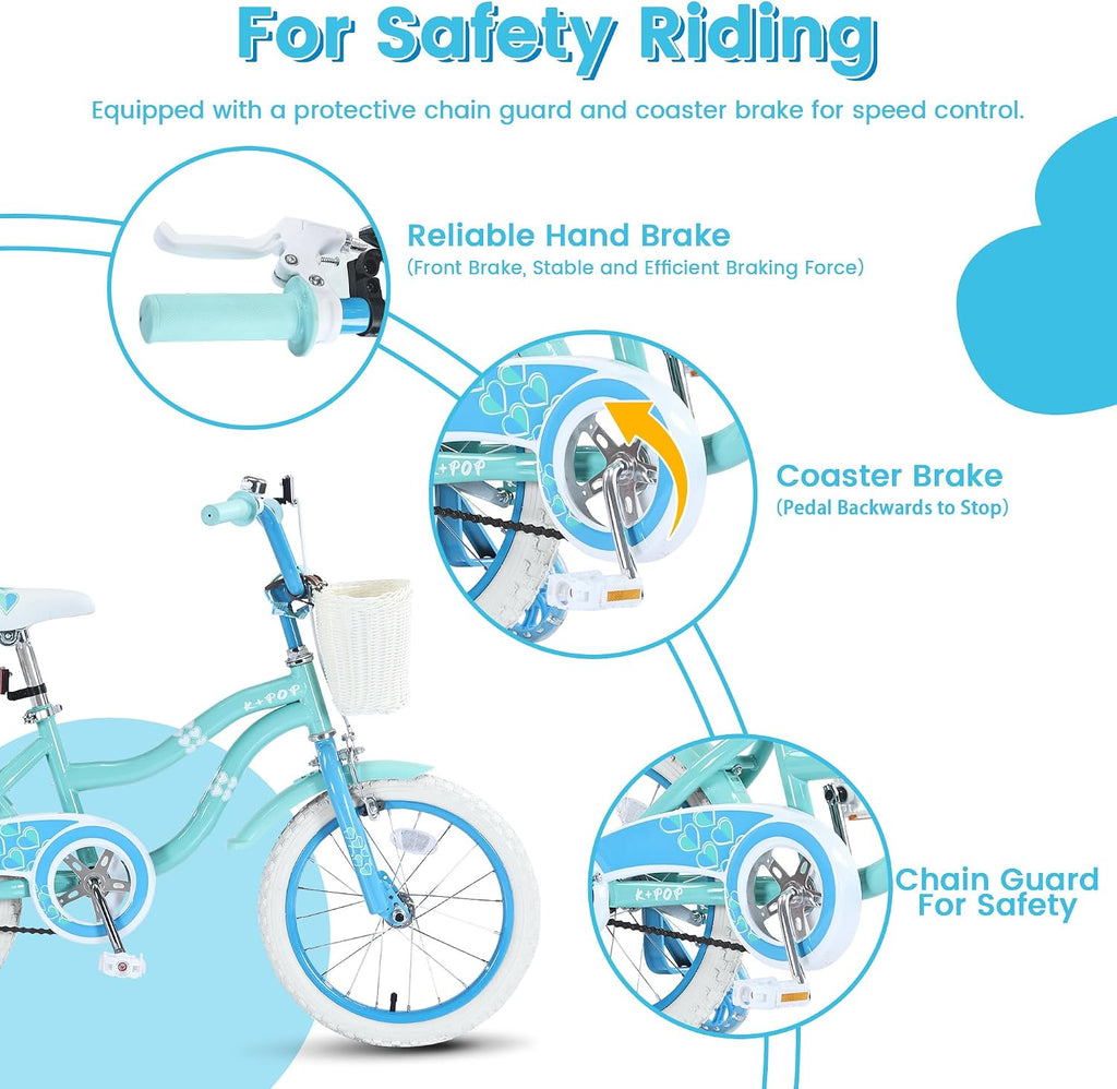 Girls Bike with Basket for 4-12 Years Old Kids, 16 20 Inch Kids Bicycle, 16 Inch Girls Bikes with Training Wheels and Kickstand, 20 Inch Bike with Kickstand, Adjustable Seat, Multiple Colors