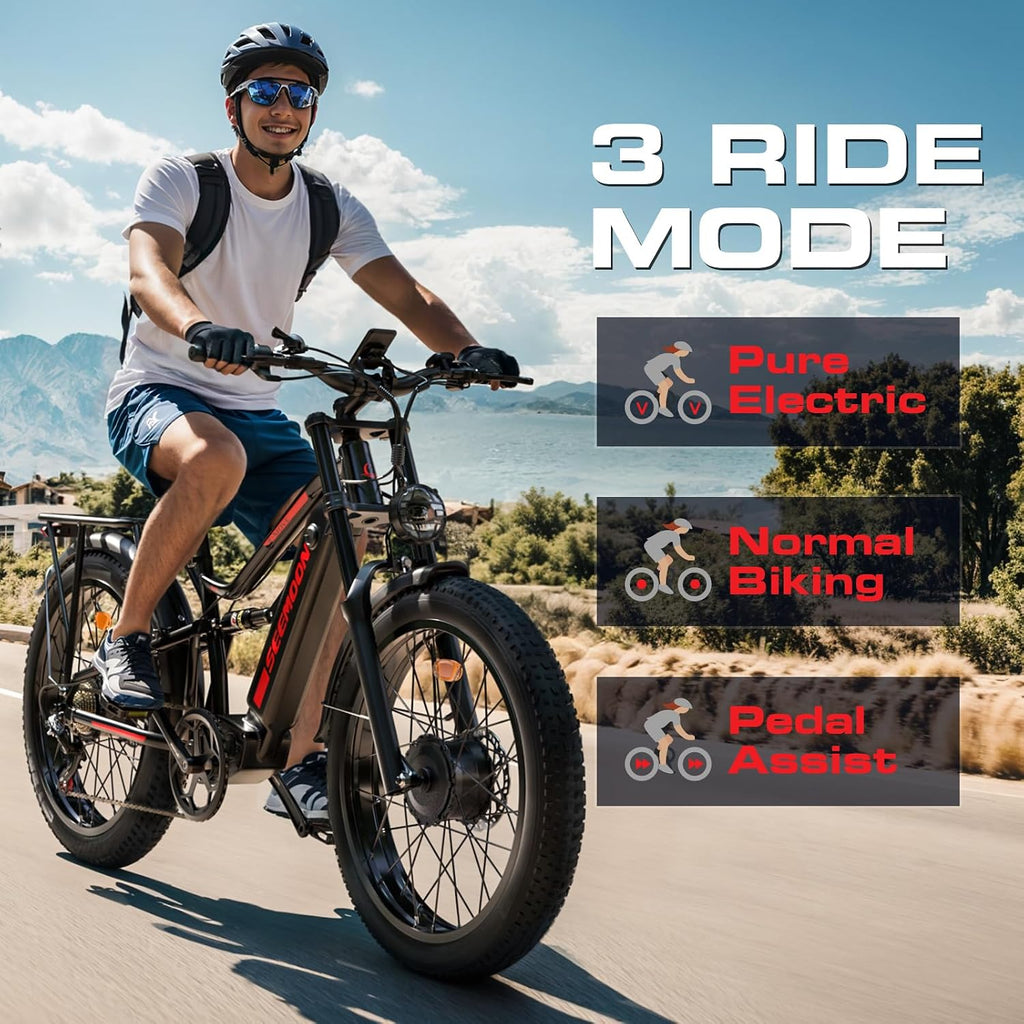 Seemoon Electric Bike for Adults, 52V 20Ah 26' Fat Tire Fast Ebike, up to 100 Miles, Hydraulic Brakes, Off-Road Mountain Hunting AWD Ebike for Men (Black)