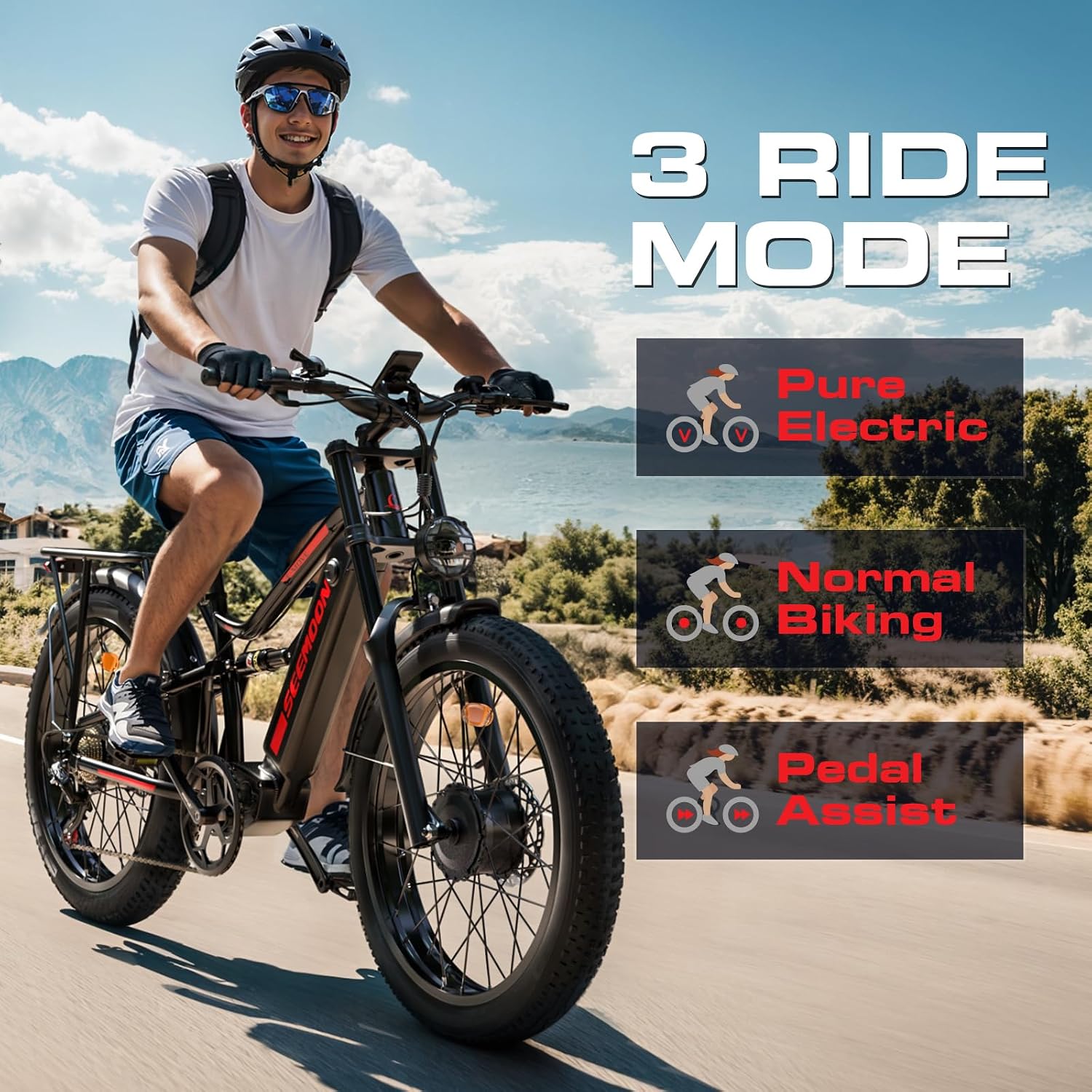 Seemoon Electric Bike for Adults, 52V 20Ah 26' Fat Tire Fast Ebike, up to 100 Miles, Hydraulic Brakes, Off-Road Mountain Hunting AWD Ebike for Men (Black)