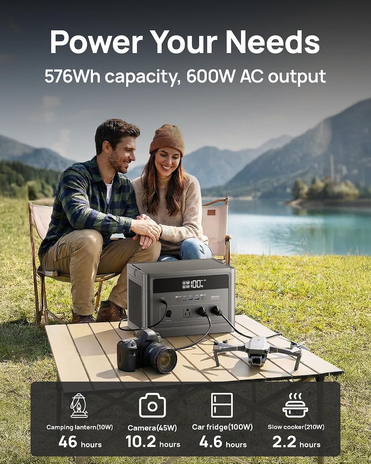 DaranEner 600W Portable Power Station (1200W Peak), 576Wh LiFePO4 Battery Solar Generator with 100W Solar Panel, 3.3H Fast Charge, Emergency Backup for Home Use, CPAP, Camping, RV, Off-Grid Power