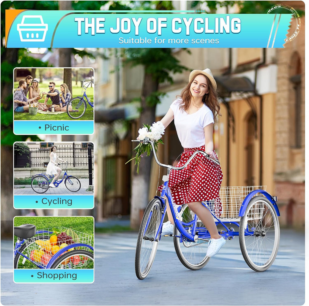 Outroad Adult Tricycle, 24/26 inch 1 Speed Cruiser Trike, 3 Wheel Bikes with Large Basket for Seniors, Women, Men, Adult Trikes for Shopping Picnic Outdoor Sports,Red Blue