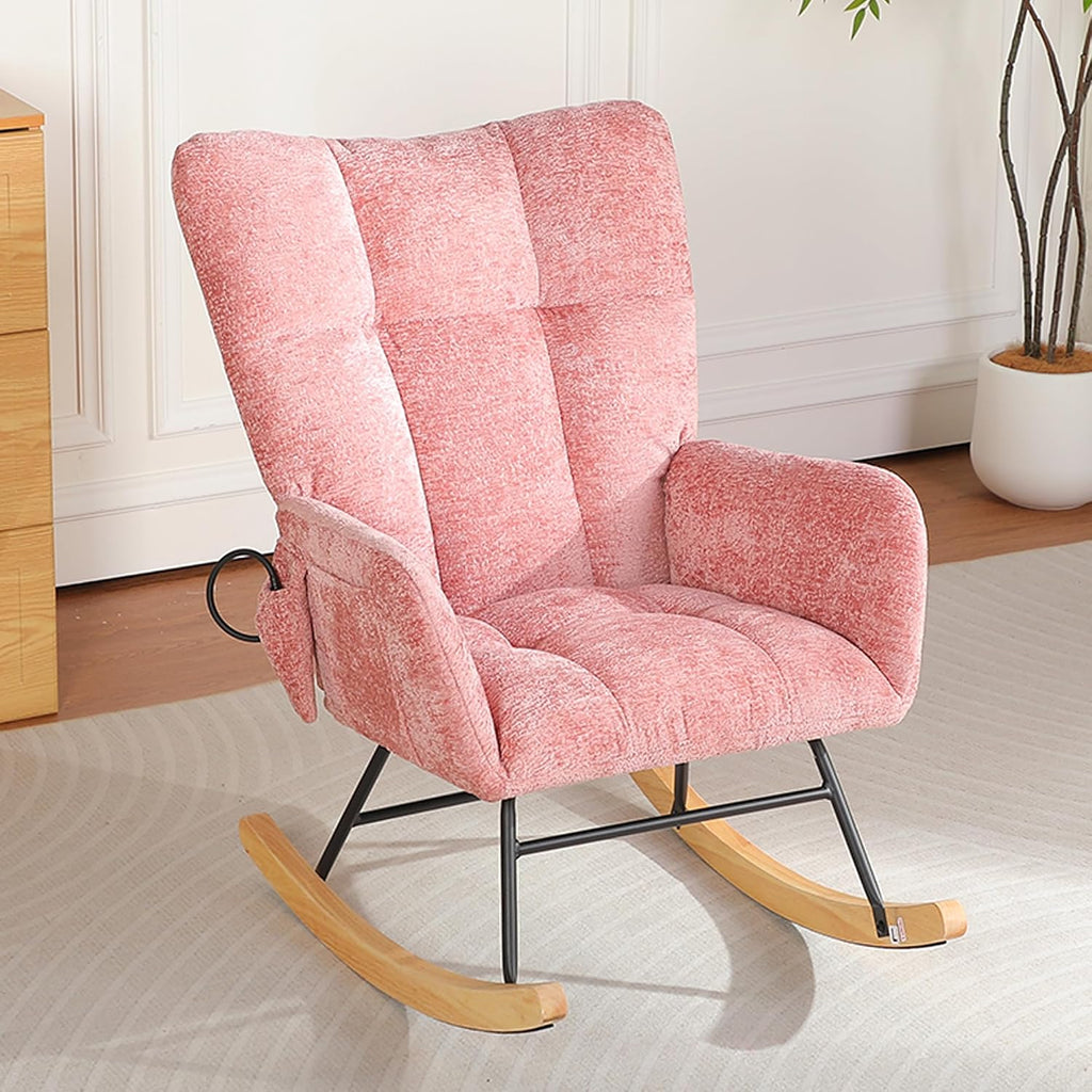 Rocking Chair Nursery, Nursery Rocking Reading Chair Indoor, Cozy Upholstered Glider Rocker Chairs for Living Room Bedroom, Sillas Mecedoras (Chenille, Pink)