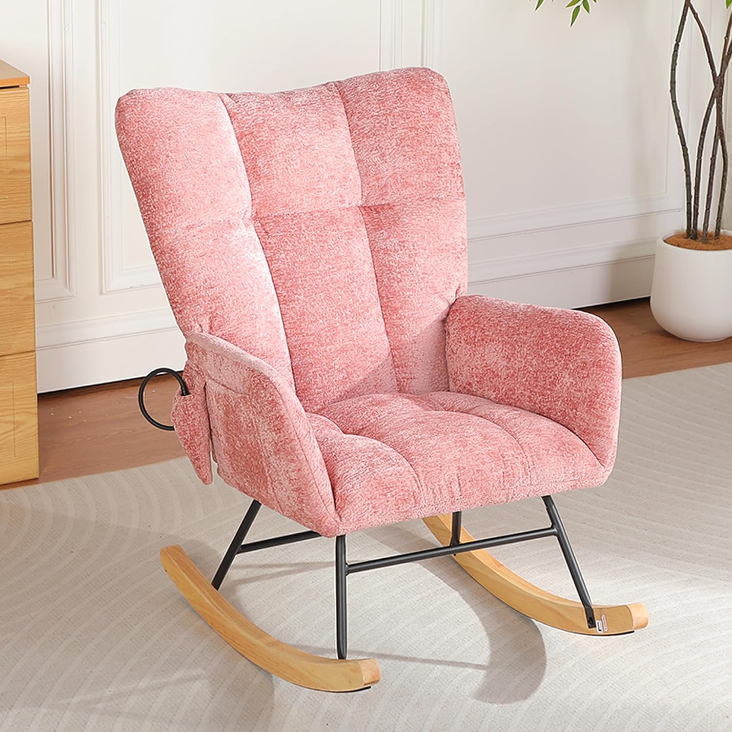Rocking Chair Nursery, Nursery Rocking Reading Chair Indoor, Cozy Upholstered Glider Rocker Chairs for Living Room Bedroom, Sillas Mecedoras (Chenille, Pink)