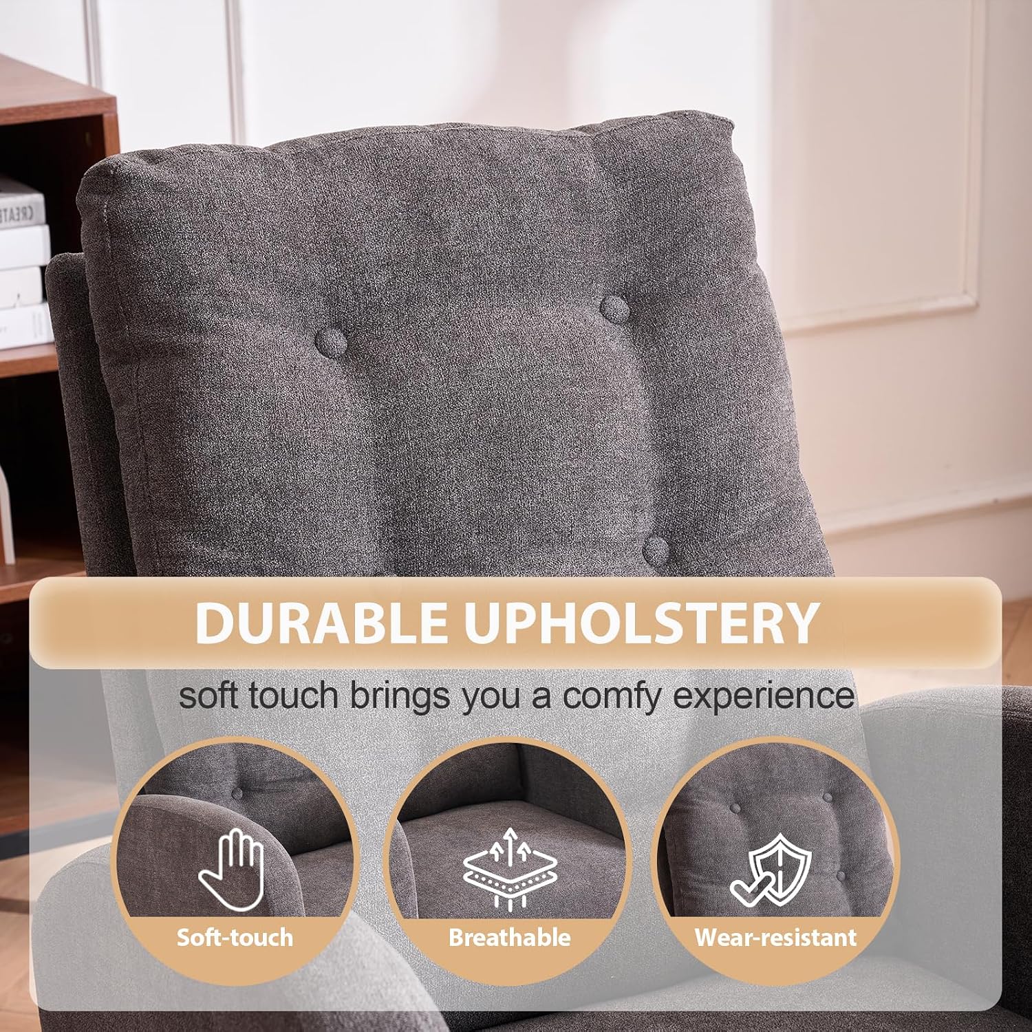 cinkehome Nursery Rocking Chair with Retractable Foot Rest, Glider Rocking Chair with Solid Wood Legs, High Back, Button Decors, Mid Century Rocker Chair, Grey