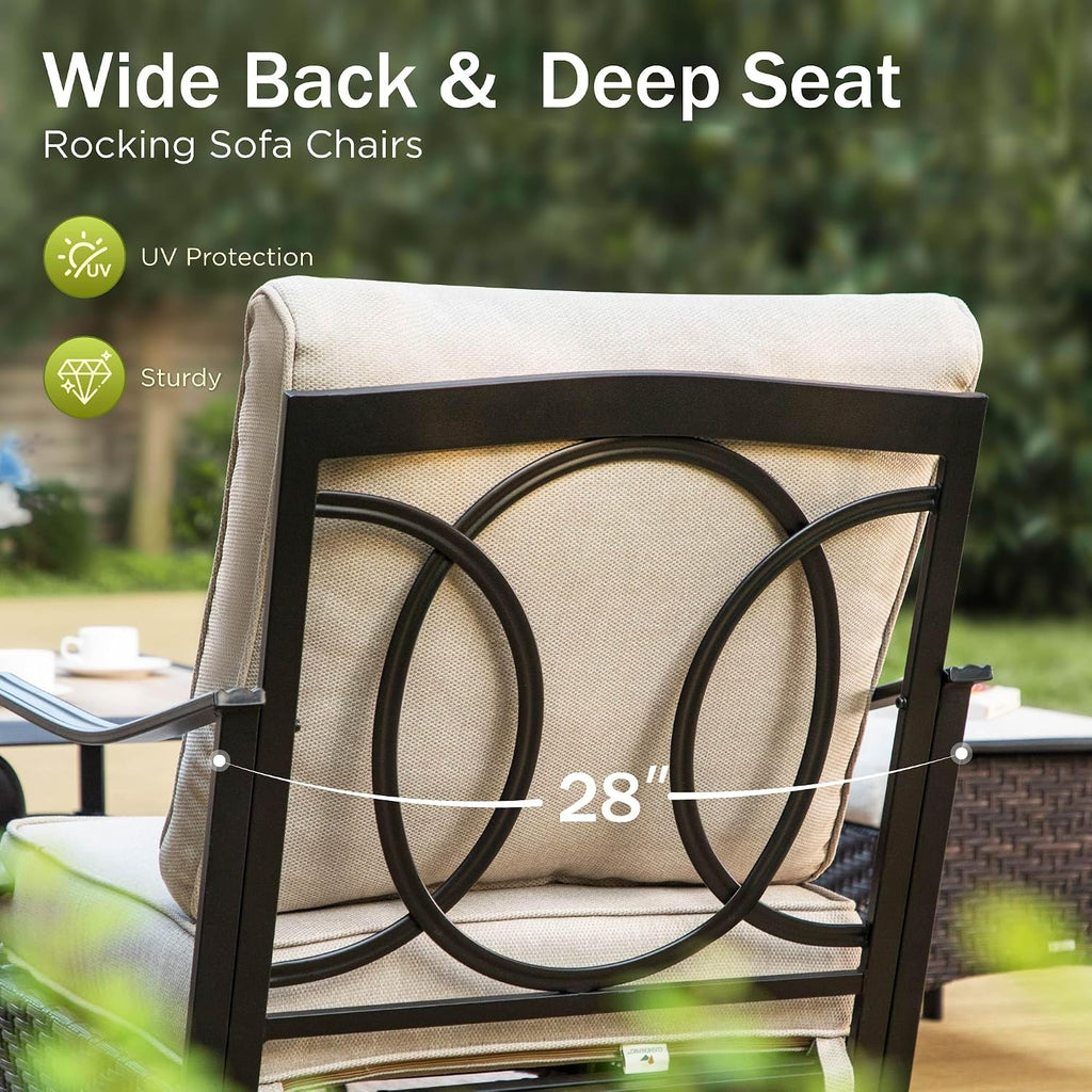 PHI VILLA Patio Rocking Chairs Set of 2, Outdoor Wicker Chairs with Thick Cushion, All Weather High Back Outdoor Furniture for Balcony Porch and Yard