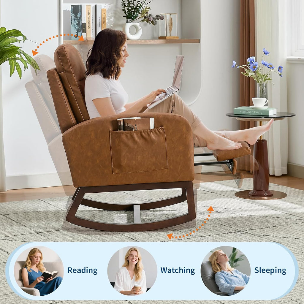GarveeHome Rocking Chair Nursery with Foot Rest, Modern PU Upholstered Reading Glider Rocker Accent Armchair with High Backrest, Padded Seat, Side Pocket, for LivingRoom, Bedroom, Baby Room, Brown
