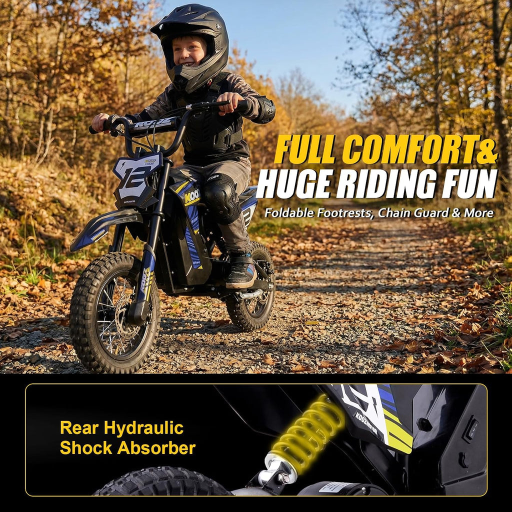 KOOZ 36V 300W Electric Dirt Bike for Kids - 3 Speed Modes Electric Motorcycle Up to 15.5 MPH & 14 Miles Long-Range, Shock Absorber & Rear Brake, 12' Sturdy Tire Gift for Kids