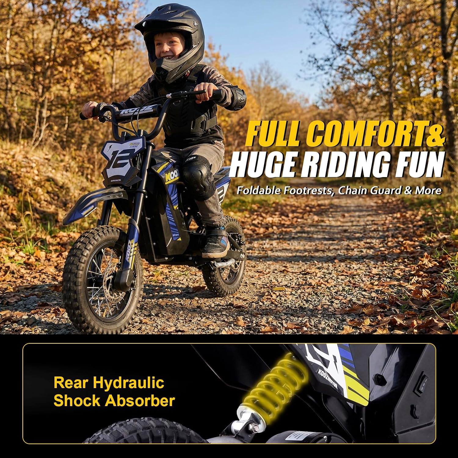 KOOZ 36V 300W Electric Dirt Bike for Kids - 3 Speed Modes Electric Motorcycle Up to 15.5 MPH & 14 Miles Long-Range, Shock Absorber & Rear Brake, 12' Sturdy Tire Gift for Kids