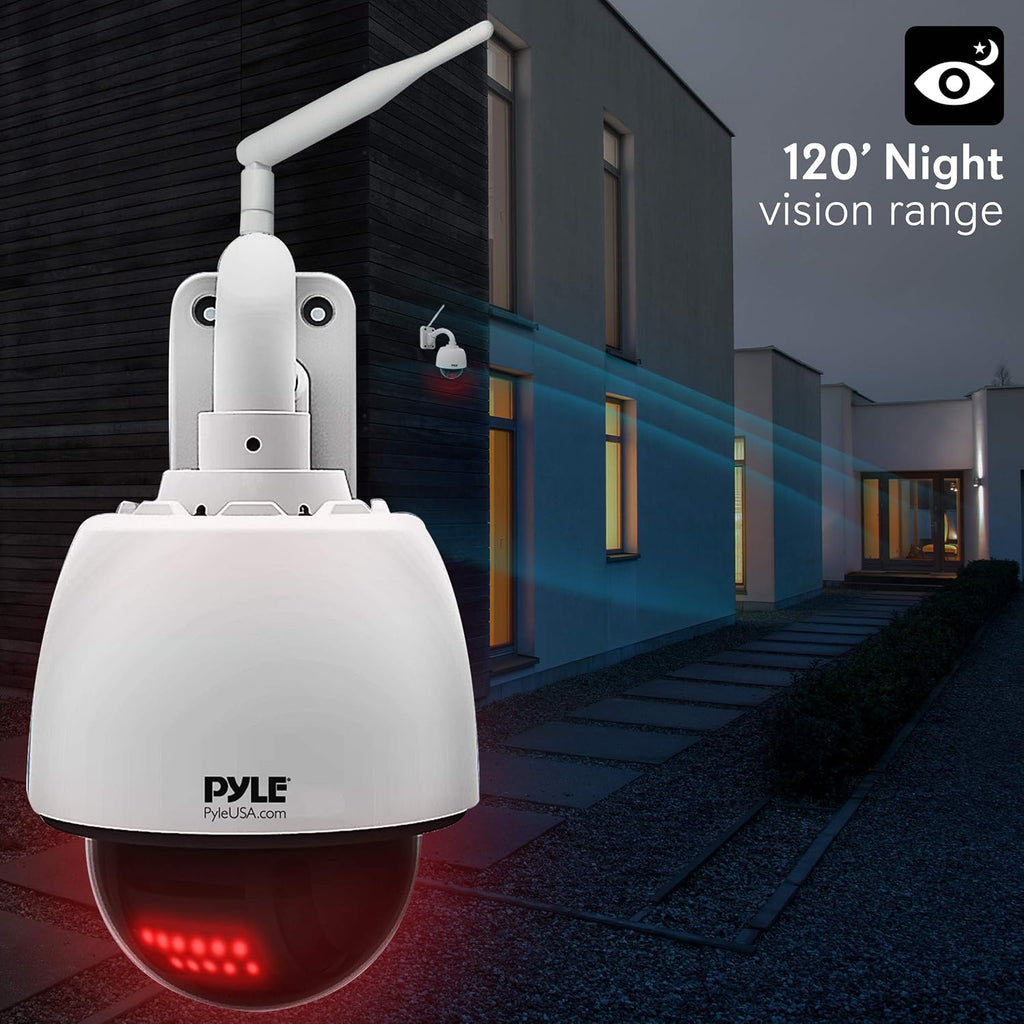 Pyle Outdoor IP Camera Optical Zoom, HD 960p with 32g SD Storage, Weatherproof Wireless WiFi Home Security Surveillance, Outdoor PTZ Pan Tilt Dome and 4X Zoom, Smartphone App Monitoring