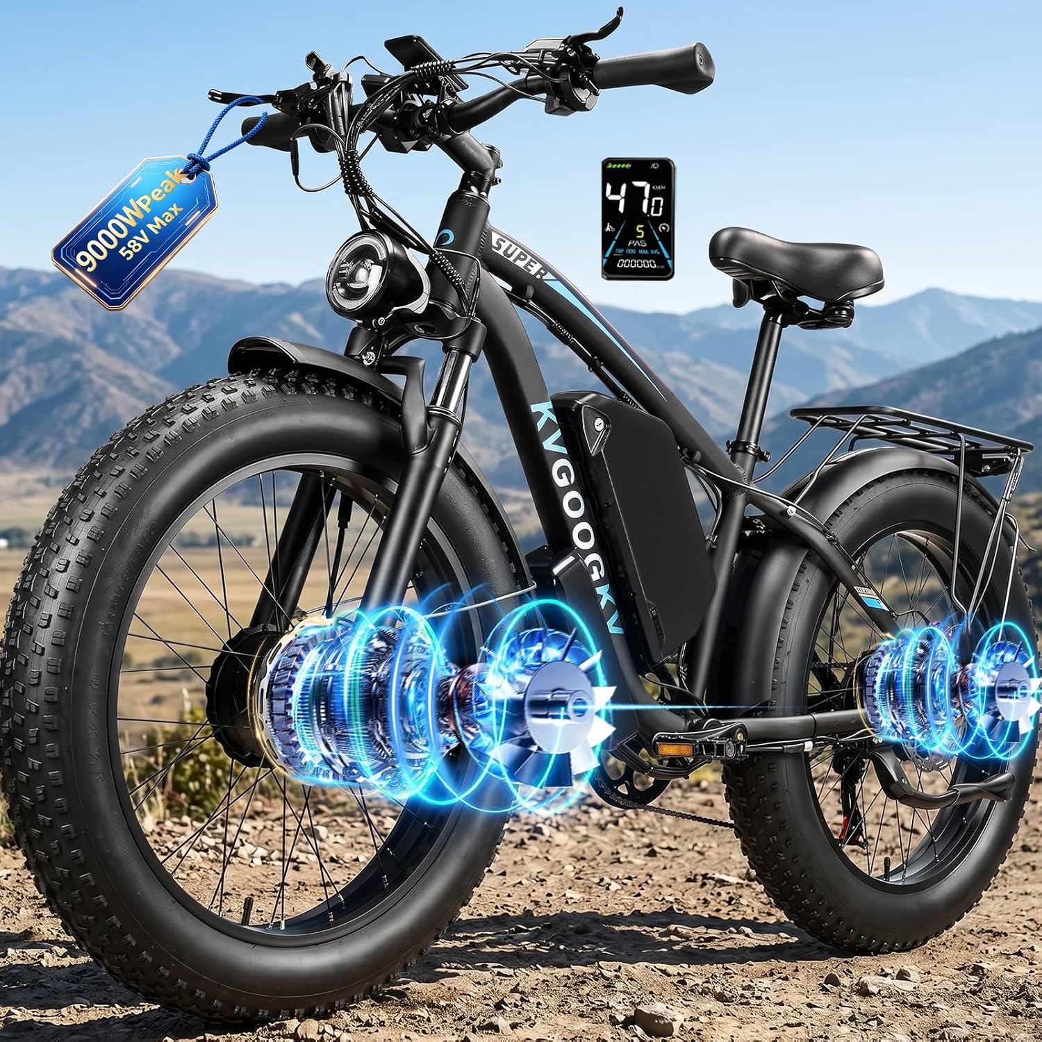 9000W Peak Dual Motor Ebike for Adults 47 MPH Fast Electric Bike, 58V Max-Output 1972 Wh Up to 105 Miles Ebikes,24' Fat Tire E-Bike,Front Suspension Electric Bicycle for Mountain Commuter Snow