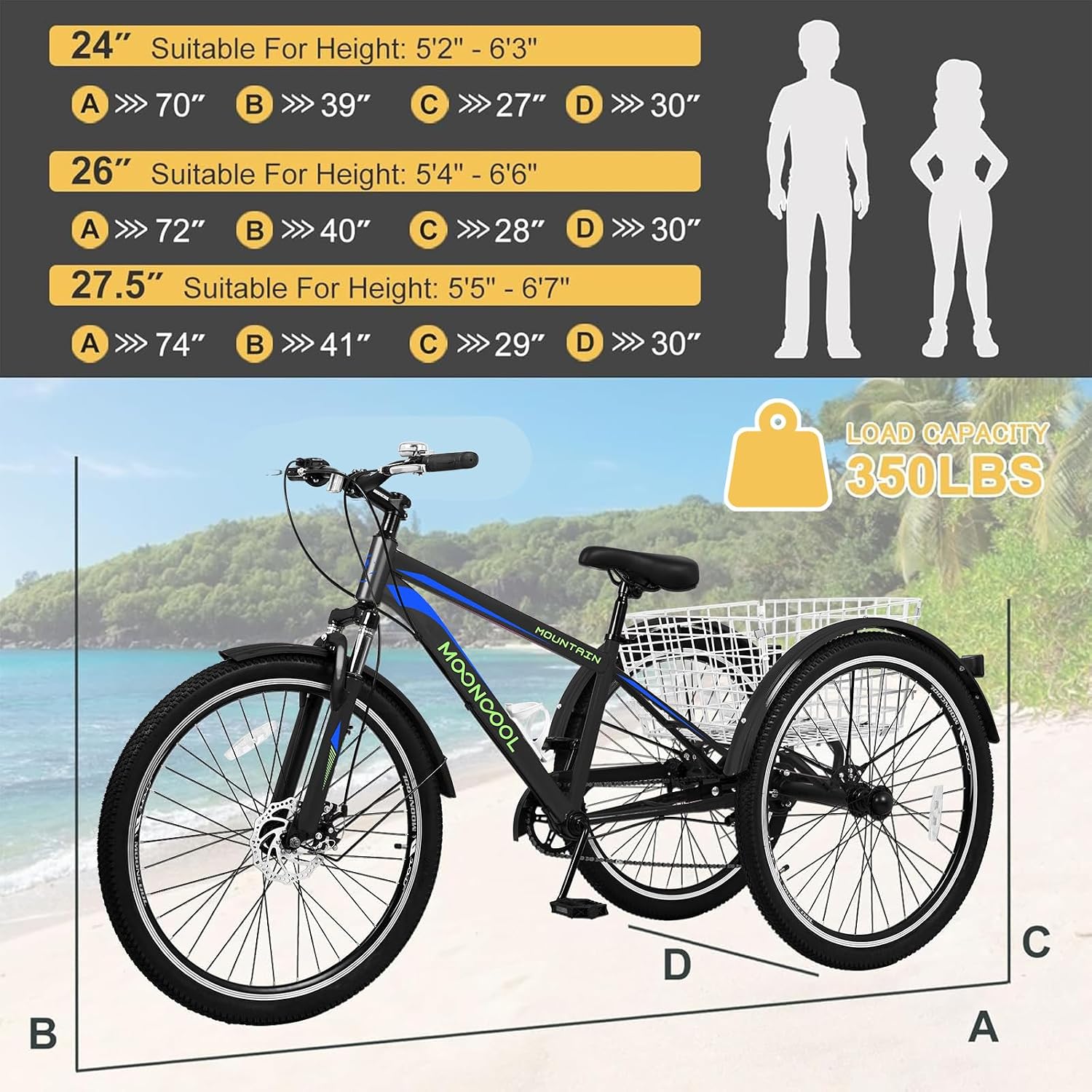NAIZEA Adult Mountain Tricycle, 7 Speed Three Wheel Cruiser Bike, 27.5 Inch Adults Trikes with Shopping Basket, Exercise Men's Women's Tricycles, Multiple Colors