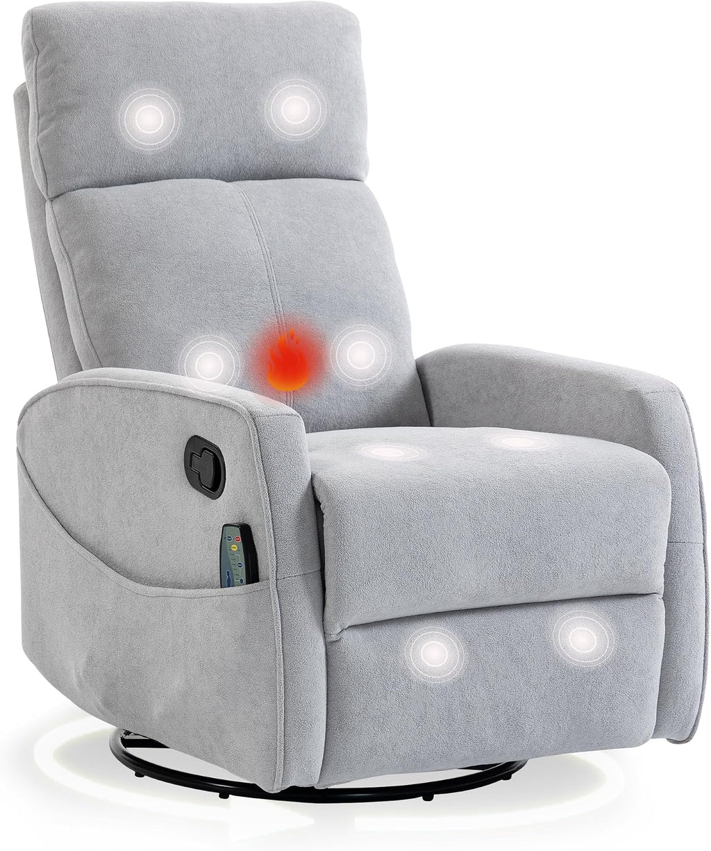 cinkehome Heated Massage Swivel Rocker Recliner Chair for Nursery - Small Space Reclining Chair with Lumbar Support, 360° Swivel & Gentle Rocking, Ergonomic High Back Short Plush Light Grey