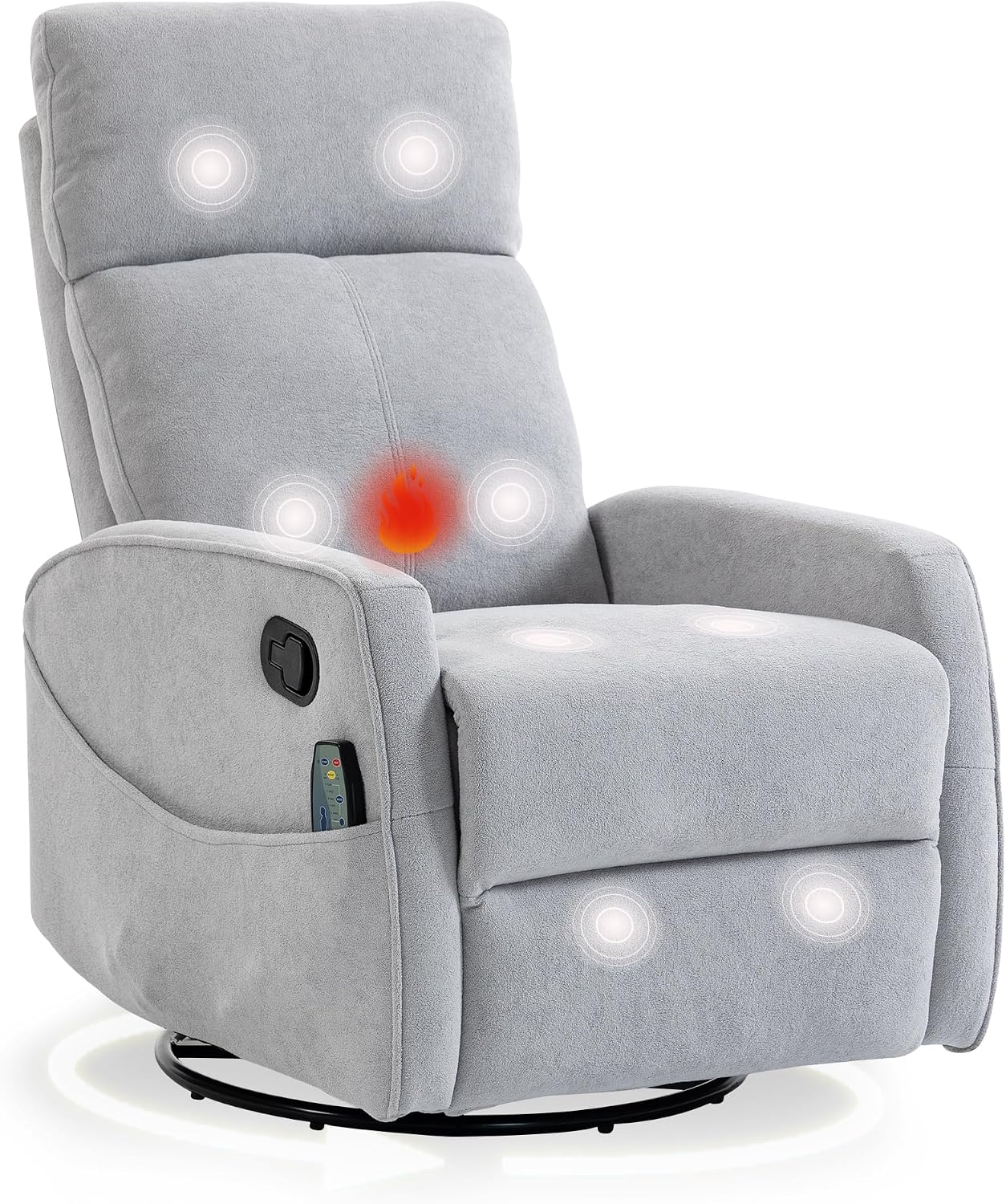 cinkehome Heated Massage Swivel Rocker Recliner Chair for Nursery - Small Space Reclining Chair with Lumbar Support, 360° Swivel & Gentle Rocking, Ergonomic High Back Short Plush Light Grey