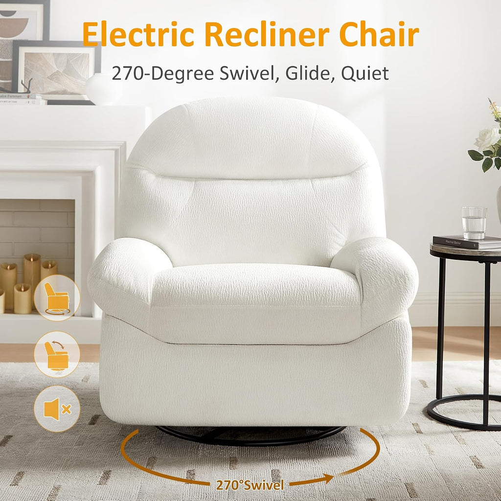 VANOMi Power Recliner Chair with USB & Type-C Charging, 270° Swivel Glider Rocker, Electric Nursery Recliner for Living Room, Bedroom, and Office, White