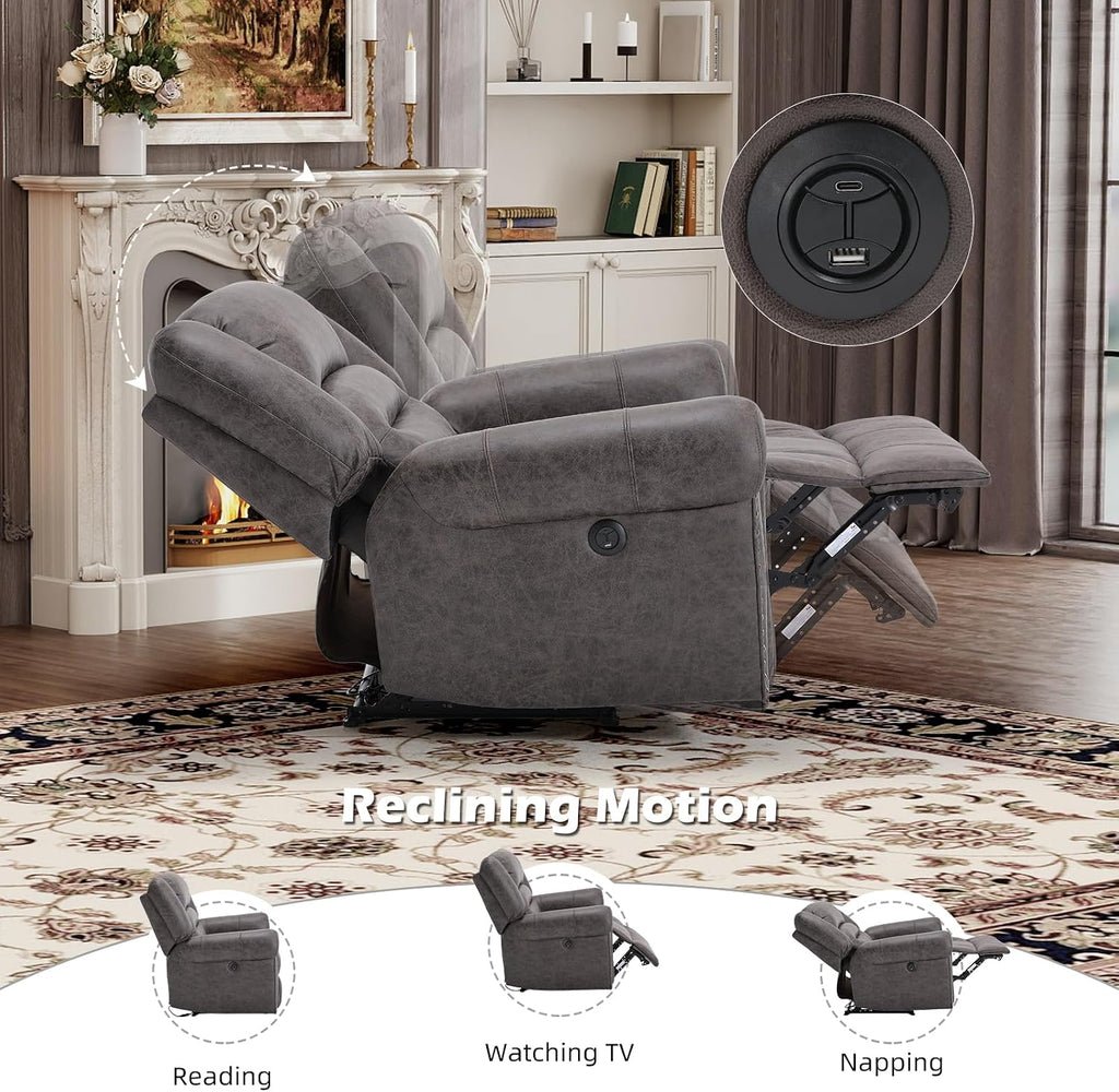 Bonzy Home Power Recliner Chair, Soft Faux Leather Recliner Chair with Thickened Padding and USB&Type-C Charging Ports, Classic Heavy Duty Single Reclining Sofa for Living Room, Dark Gray