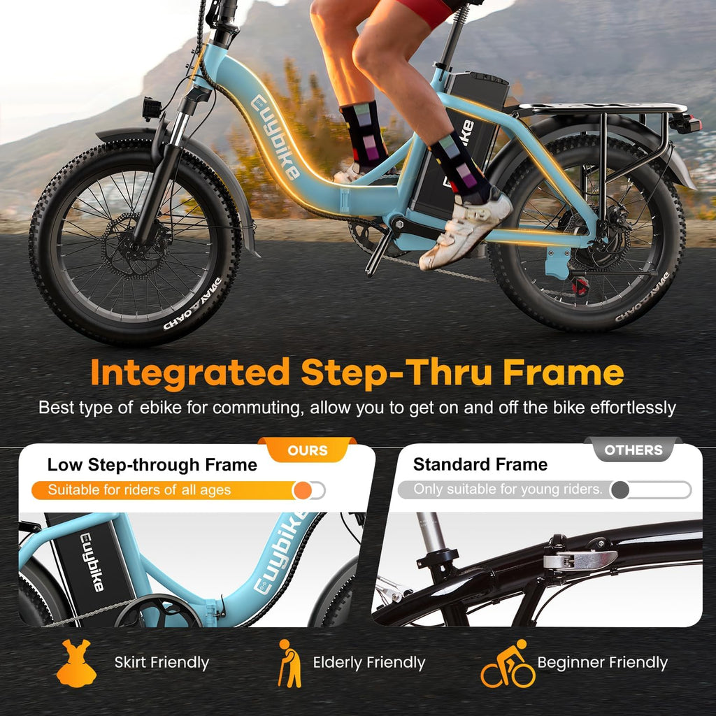 EUYBIKE Folding Electric Bike for Adults with Peak 1000W Motor, 48V 20AH Battery up to 80 Miles, 20' Fat Tire All Terrain Ebike, Front Suspension 7-Speed Commuter E Bike, Step-Thru, UL Certified
